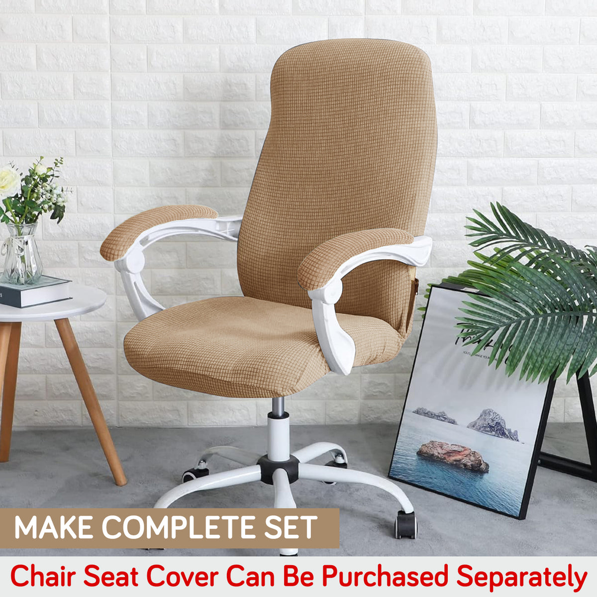 210gsm Jacquard Water Repellent Armrest Covers for Office Chair (Elastic Style), 1 Pair, Camel