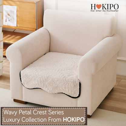 Embossed Floral Jacquard Anti-Slip Sofa Cover Mat, 'Wavy Petal Crest Series' Light Cream