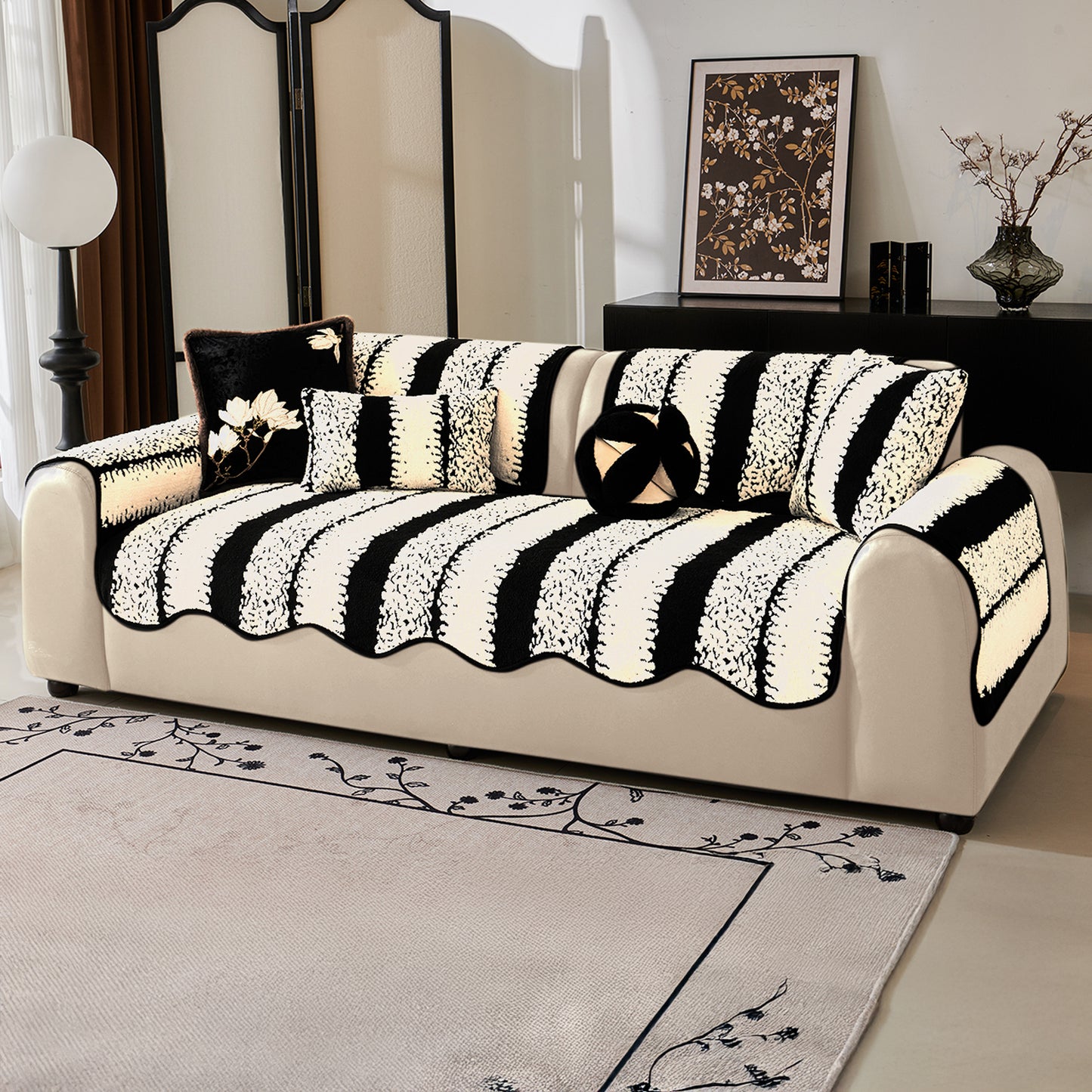 Luxury Wavy Plush Cushion Cover for Sofa - Black