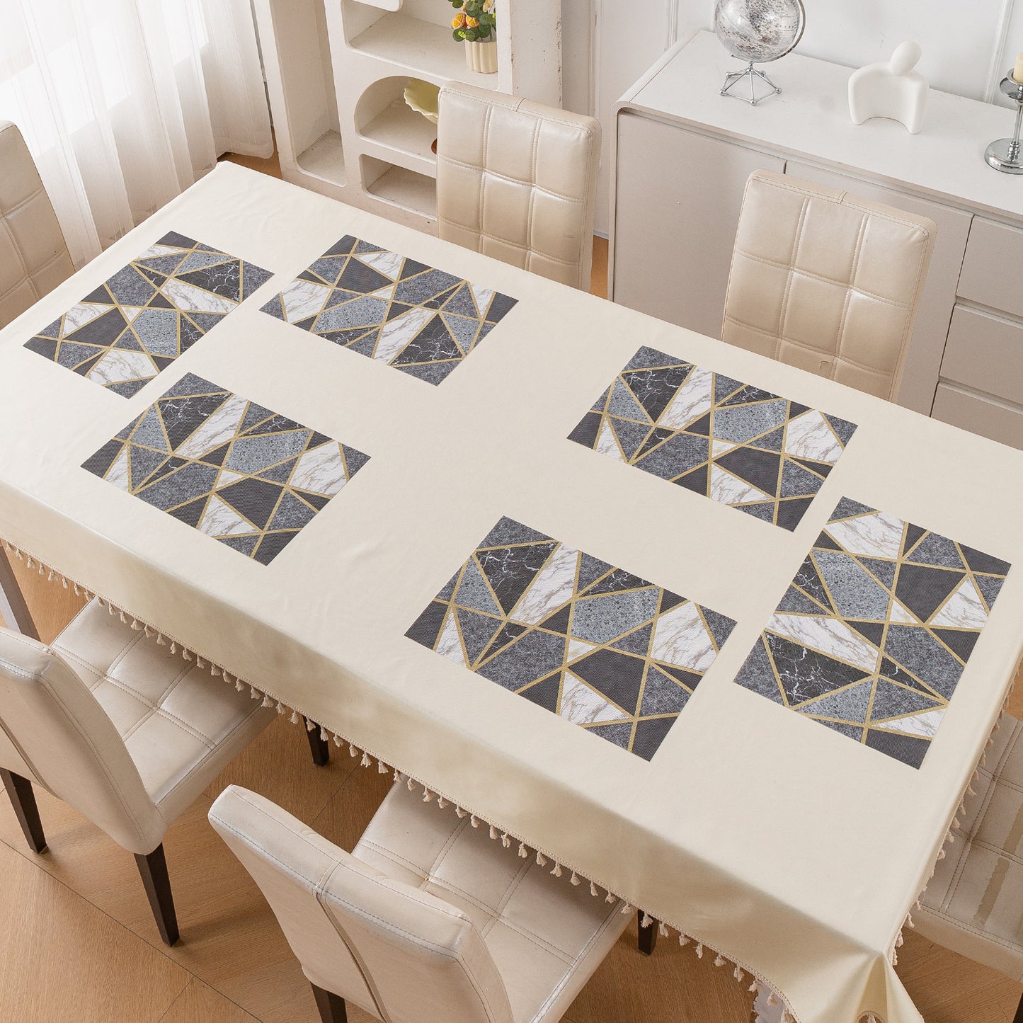 Marble Fusion PVC Mats for Dining Table, Geo Triangles - Charcoal Grey
