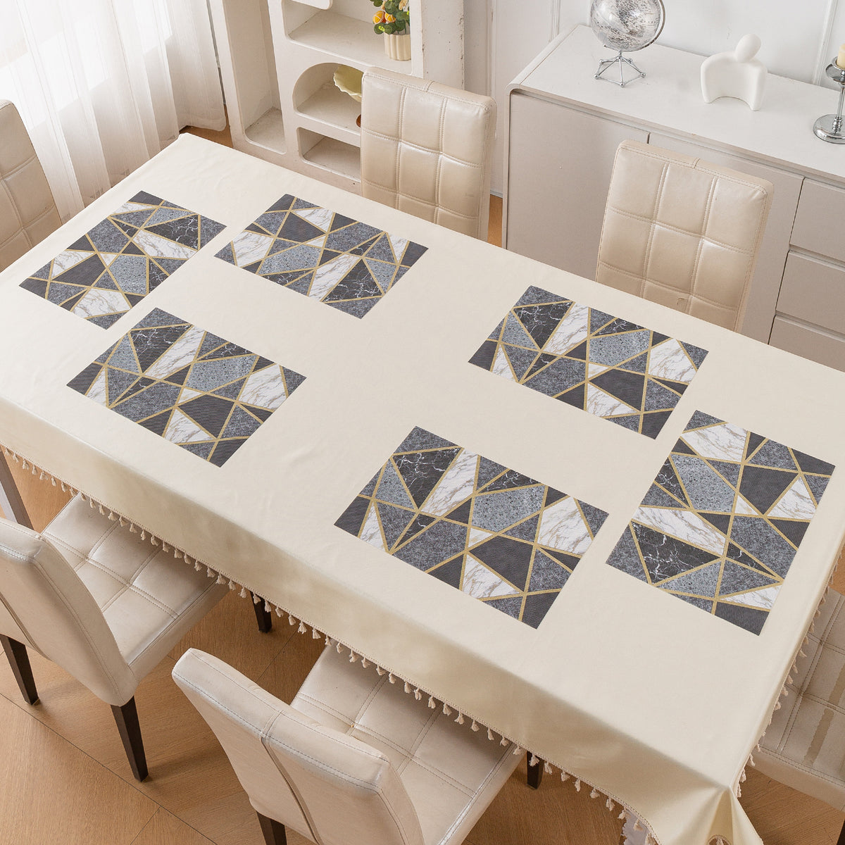 Marble Fusion PVC Mats for Dining Table, Geo Triangles - Charcoal Grey