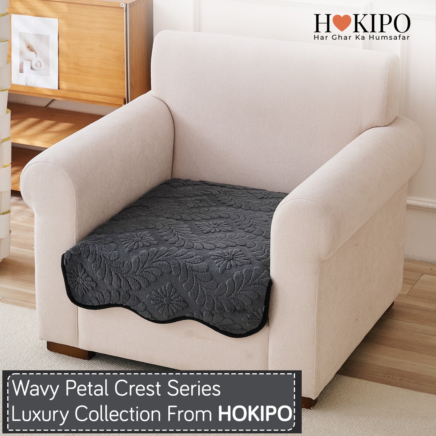 Embossed Floral Jacquard Anti-Slip Sofa Cover Mat, 'Wavy Petal Crest Series' Charcoal Grey