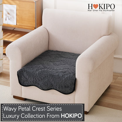 Embossed Floral Jacquard Anti-Slip Sofa Cover Mat, 'Wavy Petal Crest Series' Charcoal Grey