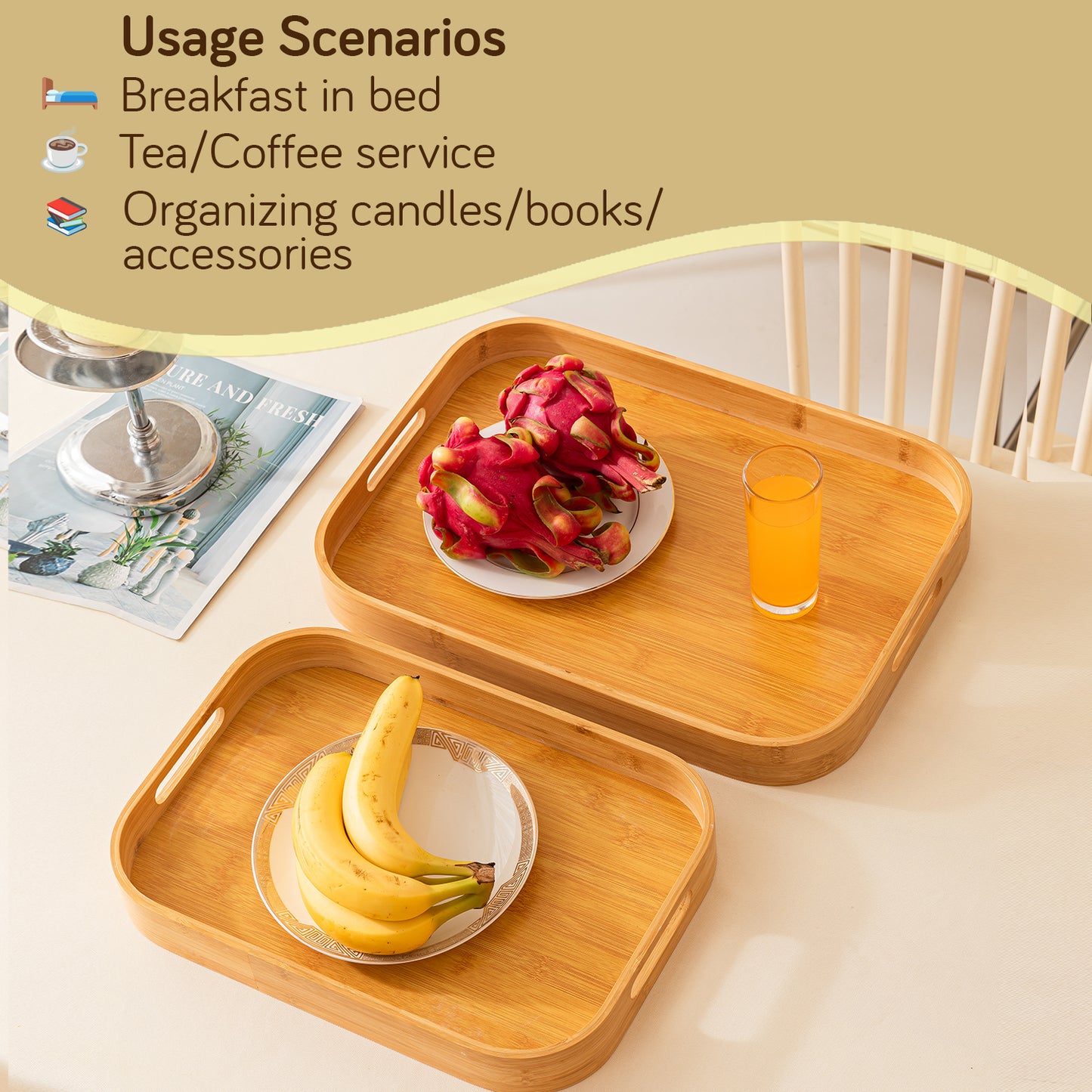 Natural Bamboo Serving Tray Set of 2/3 – Multipurpose Kitchen Tray with Handles