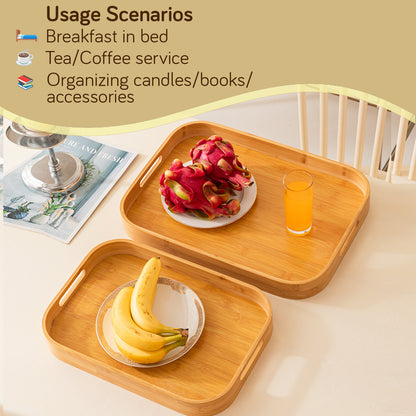 Natural Bamboo Serving Tray Set of 2/3 – Multipurpose Kitchen Tray with Handles