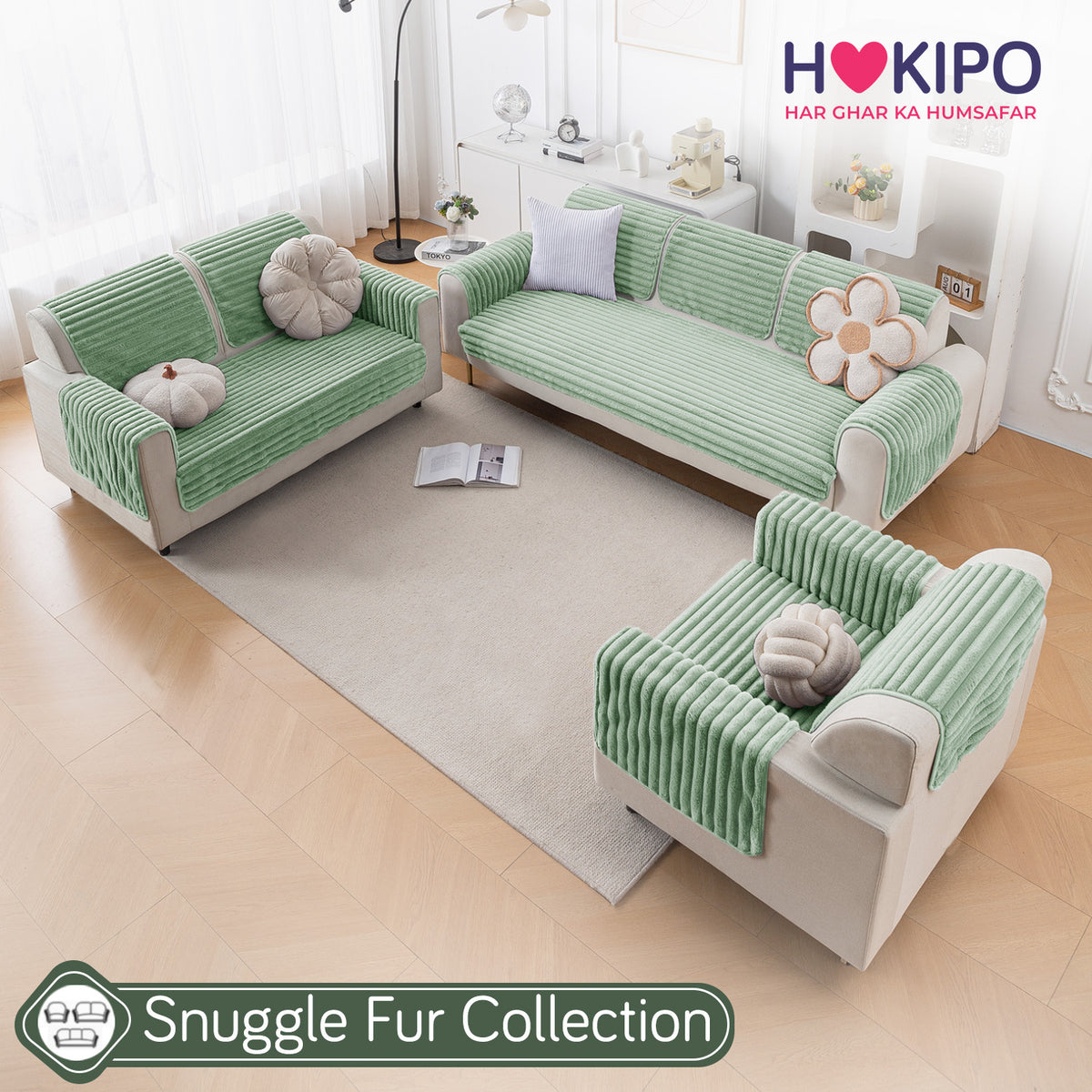 Faux Rabbit Fur Plush Anti-Slip Sofa Mat |Snuggle Fur Sage Green