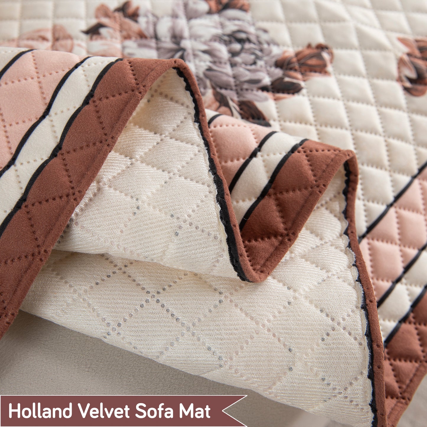 LiefNest Printed Holland Velvet L Shape Sofa Seat Mat with Foam Filling - Chrysanthemum Bloom Soft Beige