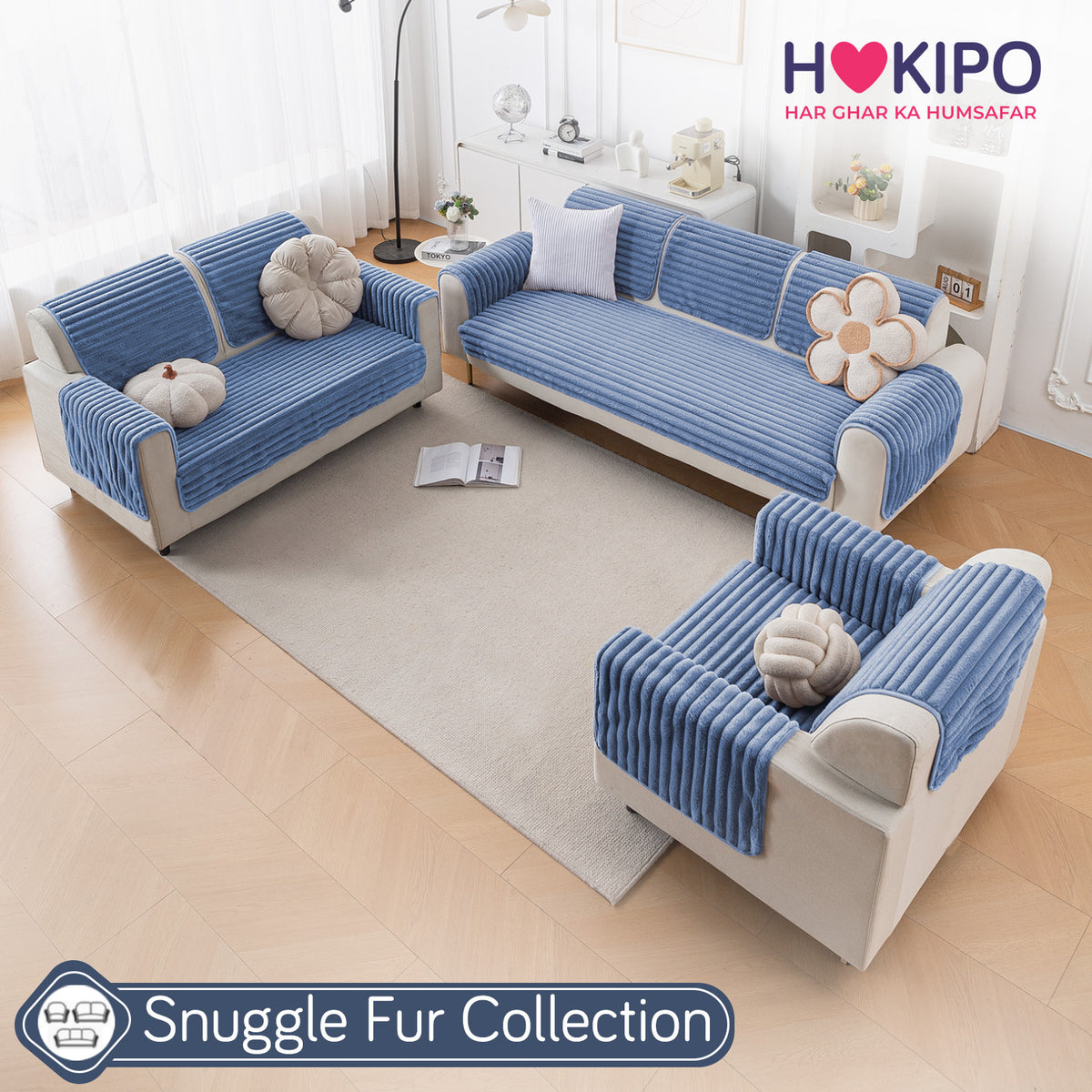Faux Rabbit Fur Sofa Cover Combination Set, 'Snuggle Fur Series' Denim Blue