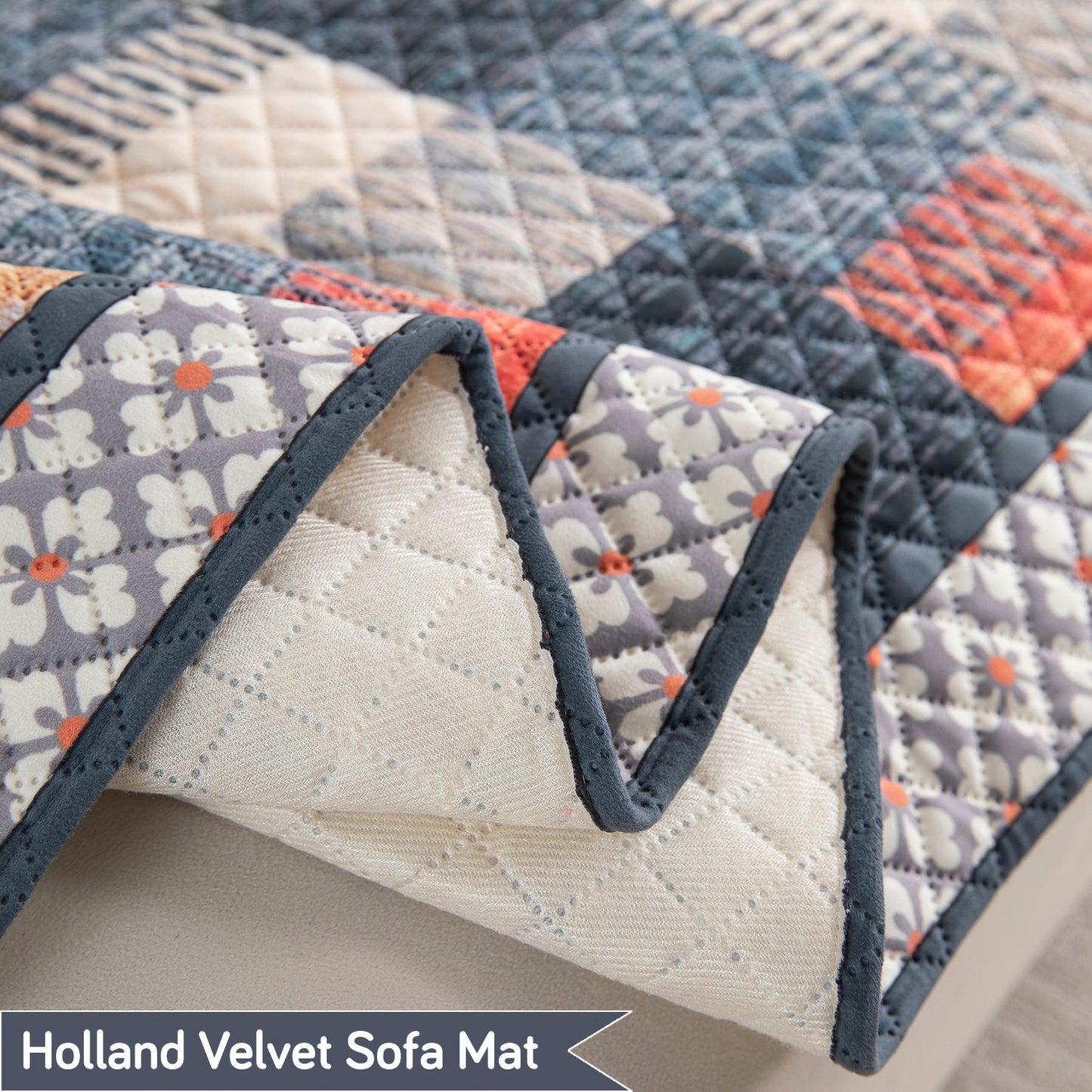 LiefNest Printed Holland Velvet L Shape Sofa Seat Mat with Foam Filling - Urban Grid Multicolor