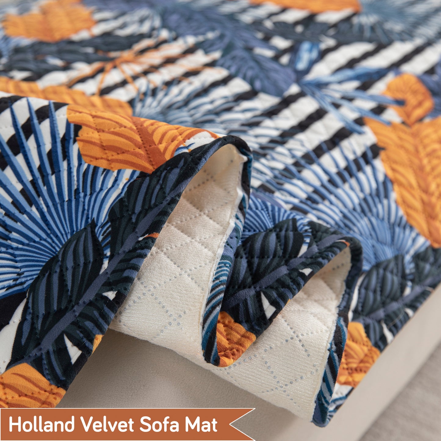 LiefNest Printed Holland Velvet L Shape Sofa Seat Mat with Foam Filling - Tropical Leaves Dusk Blue