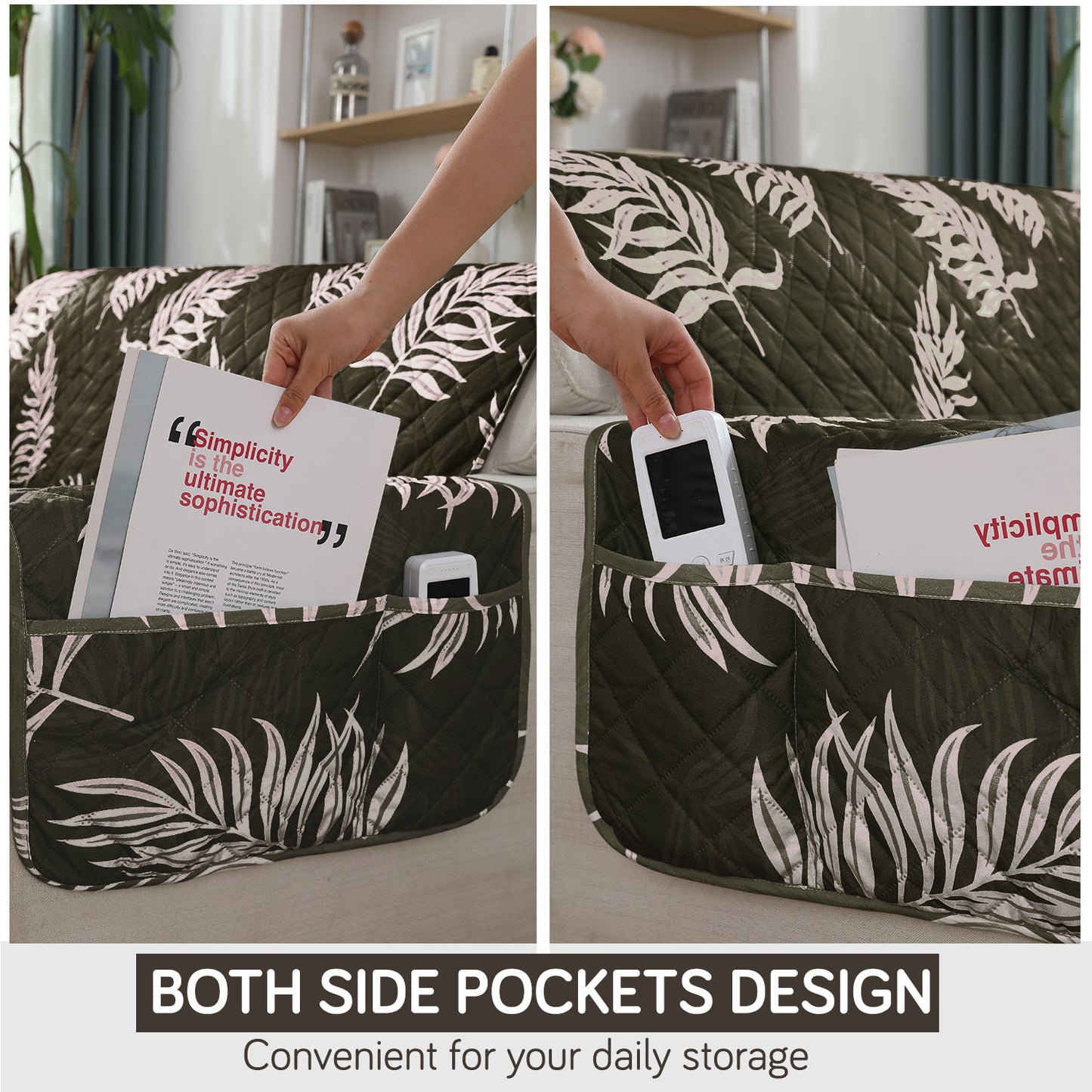 Quilted Waterproof Sofa Cover Mat with Pockets on Armrest Cover - Palm Leaves Olive