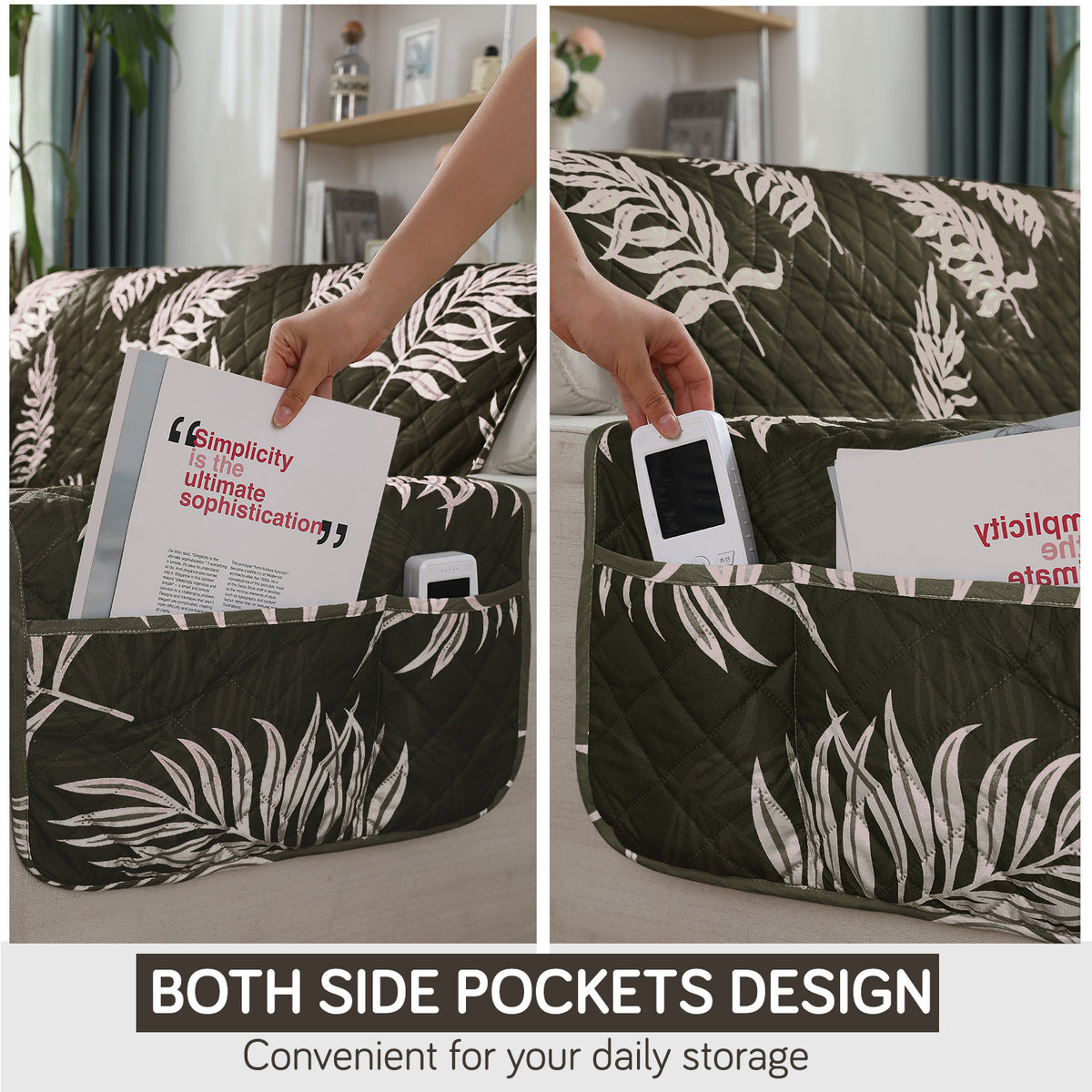 Quilted Waterproof Sofa Cover Mat with Pockets on Armrest Cover - Palm Leaves Olive