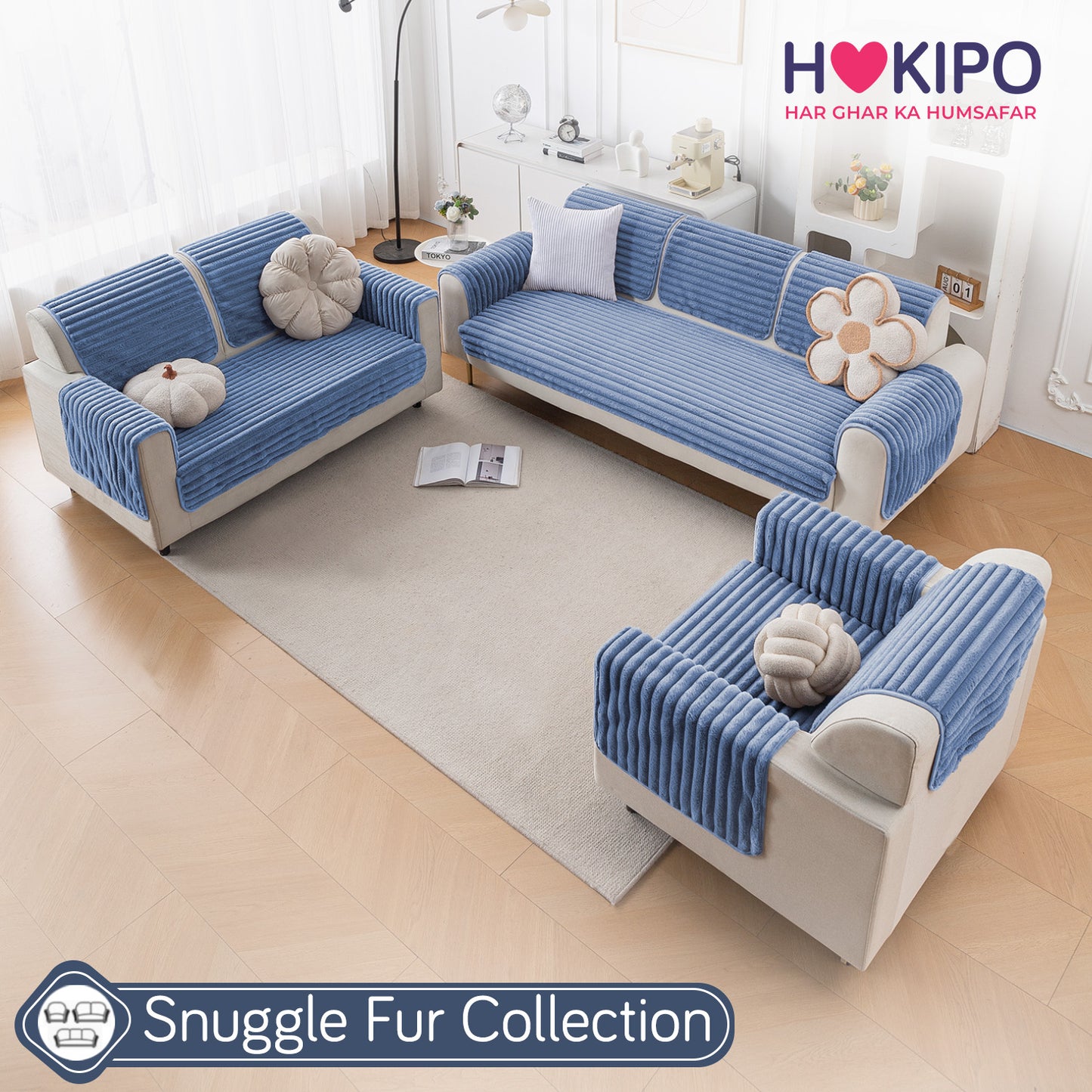 Faux Rabbit Fur Plush Anti-Slip Sofa Mat |Snuggle Fur Denim Blue