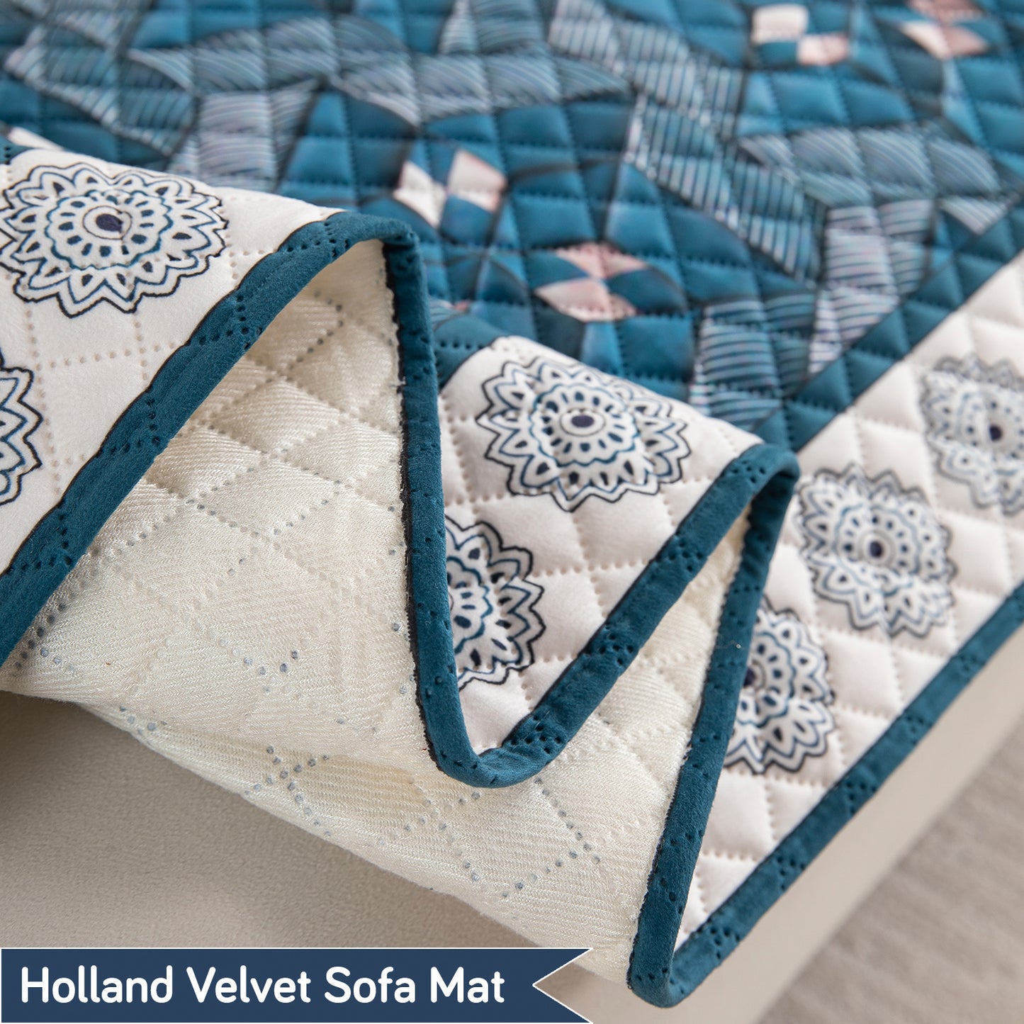 LiefNest Printed Holland Velvet L Shape Sofa Seat Mat with Foam Filling - Geometric Floral Oriental Blue