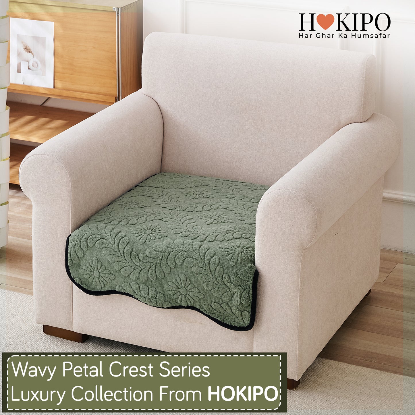 Embossed Floral Jacquard Anti-Slip Sofa Cover Mat, 'Wavy Petal Crest Series' Sage Green
