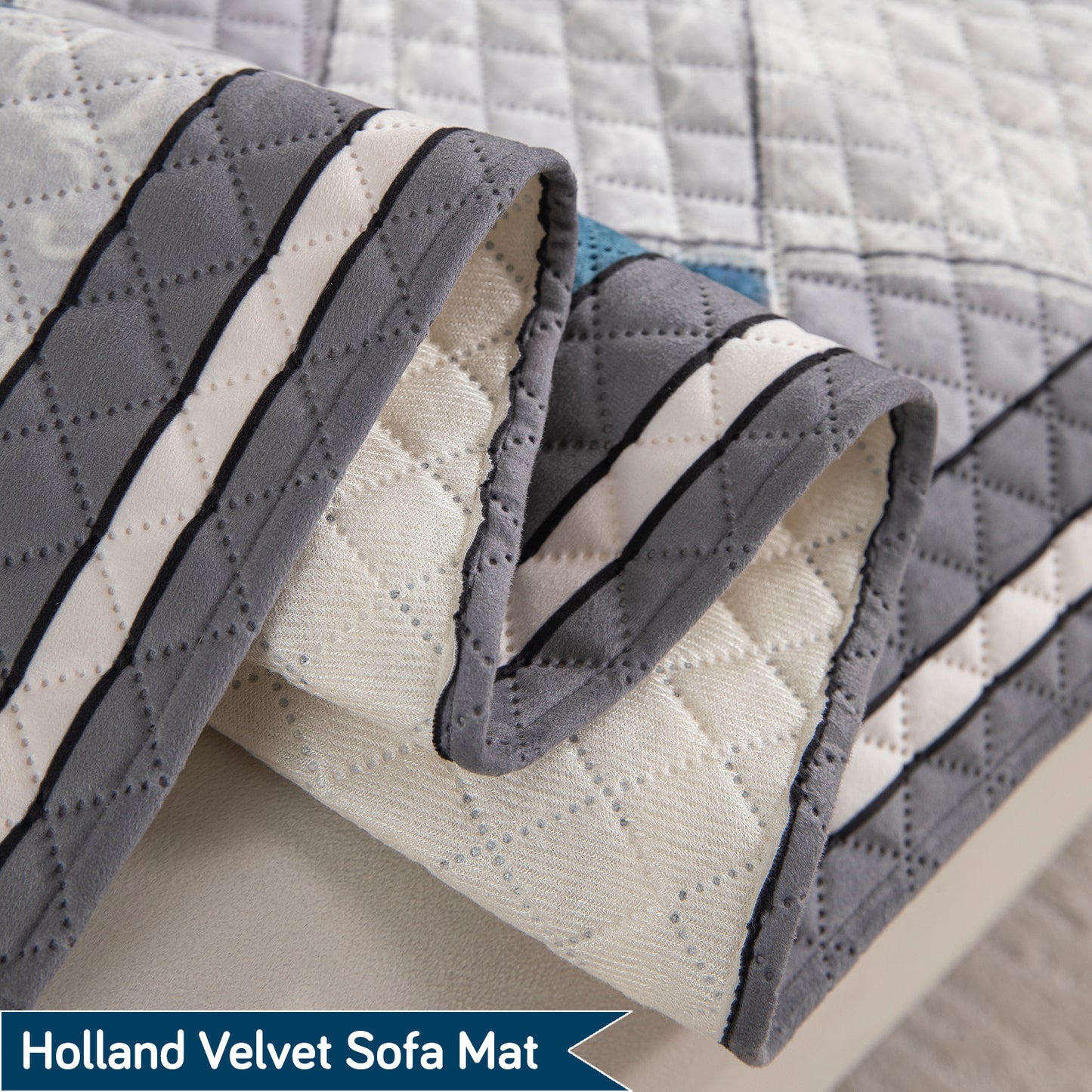 LiefNest Printed Holland Velvet L Shape Sofa Seat Mat with Foam Filling - Diamond Slate Grey Blue