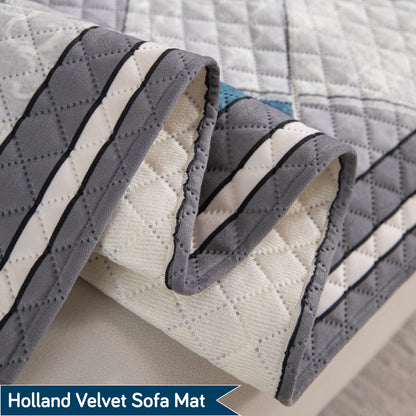LiefNest Printed Holland Velvet L Shape Sofa Seat Mat with Foam Filling - Diamond Slate Grey Blue