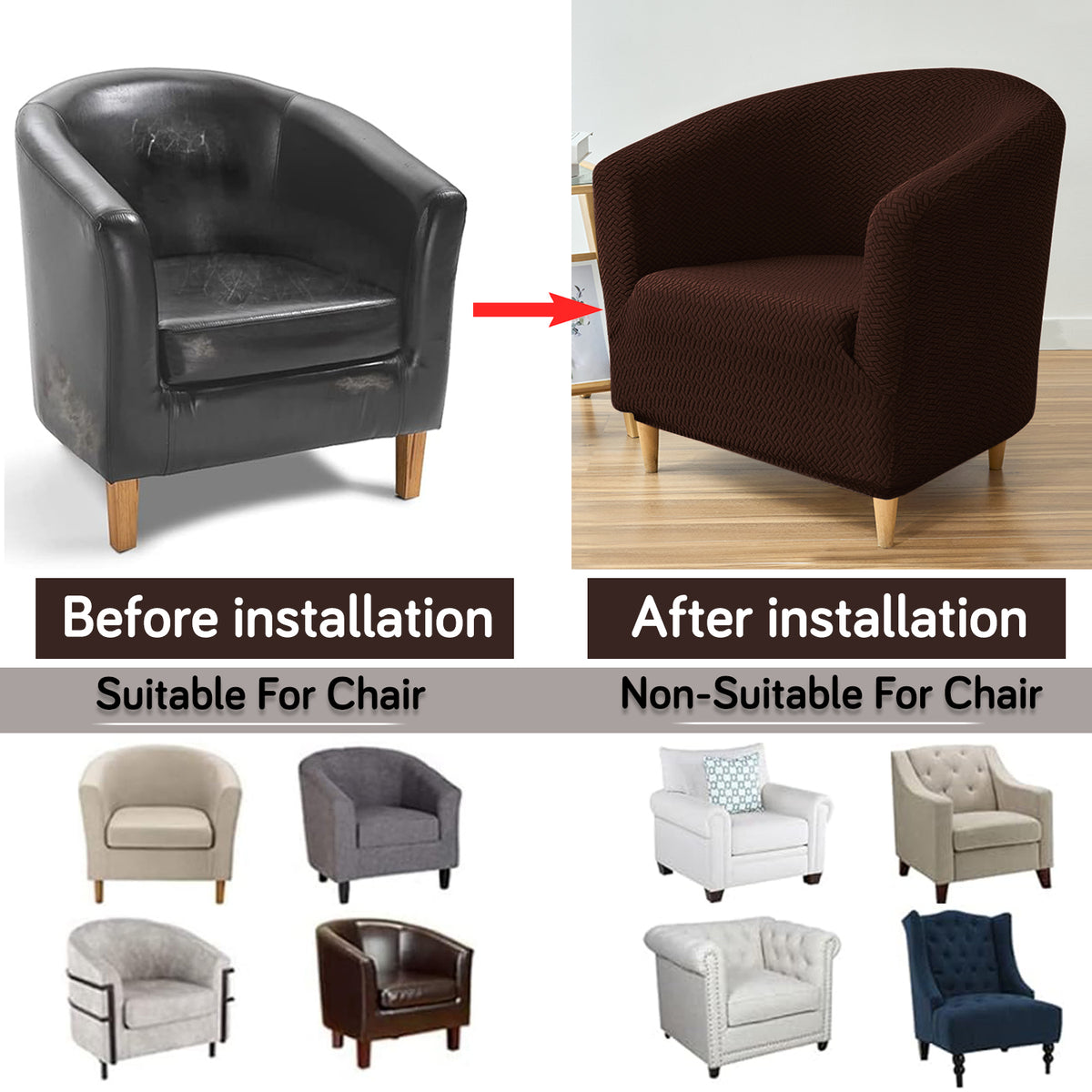 Premium Jacquard Stretchable Tub Chair Cover Slipcover, Chocolate Brown