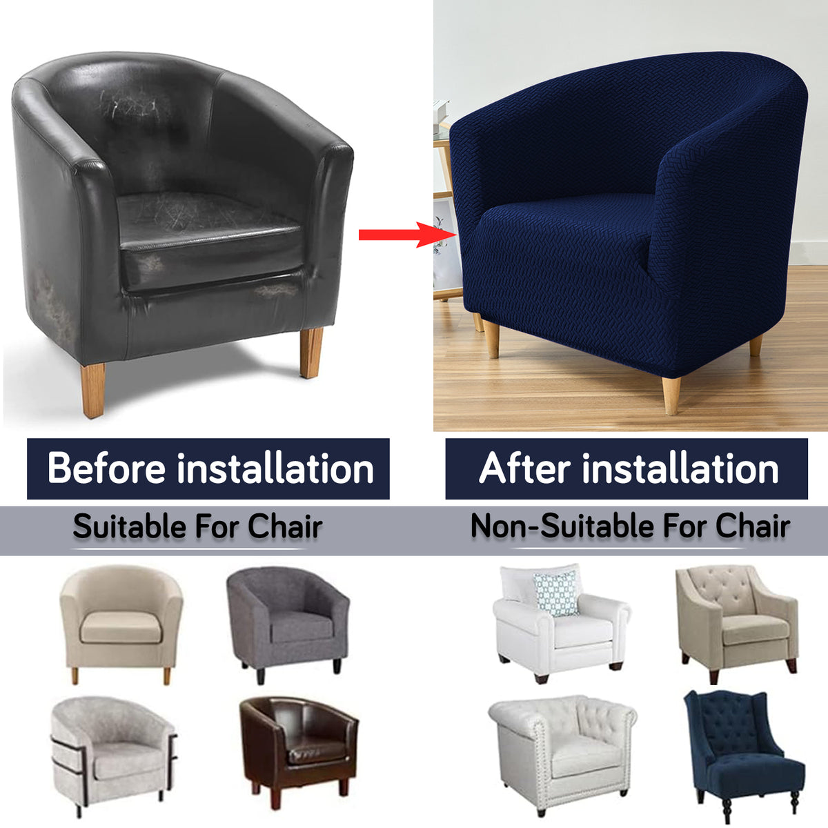 Premium Jacquard Stretchable Tub Chair Cover Slipcover, Navy Blue