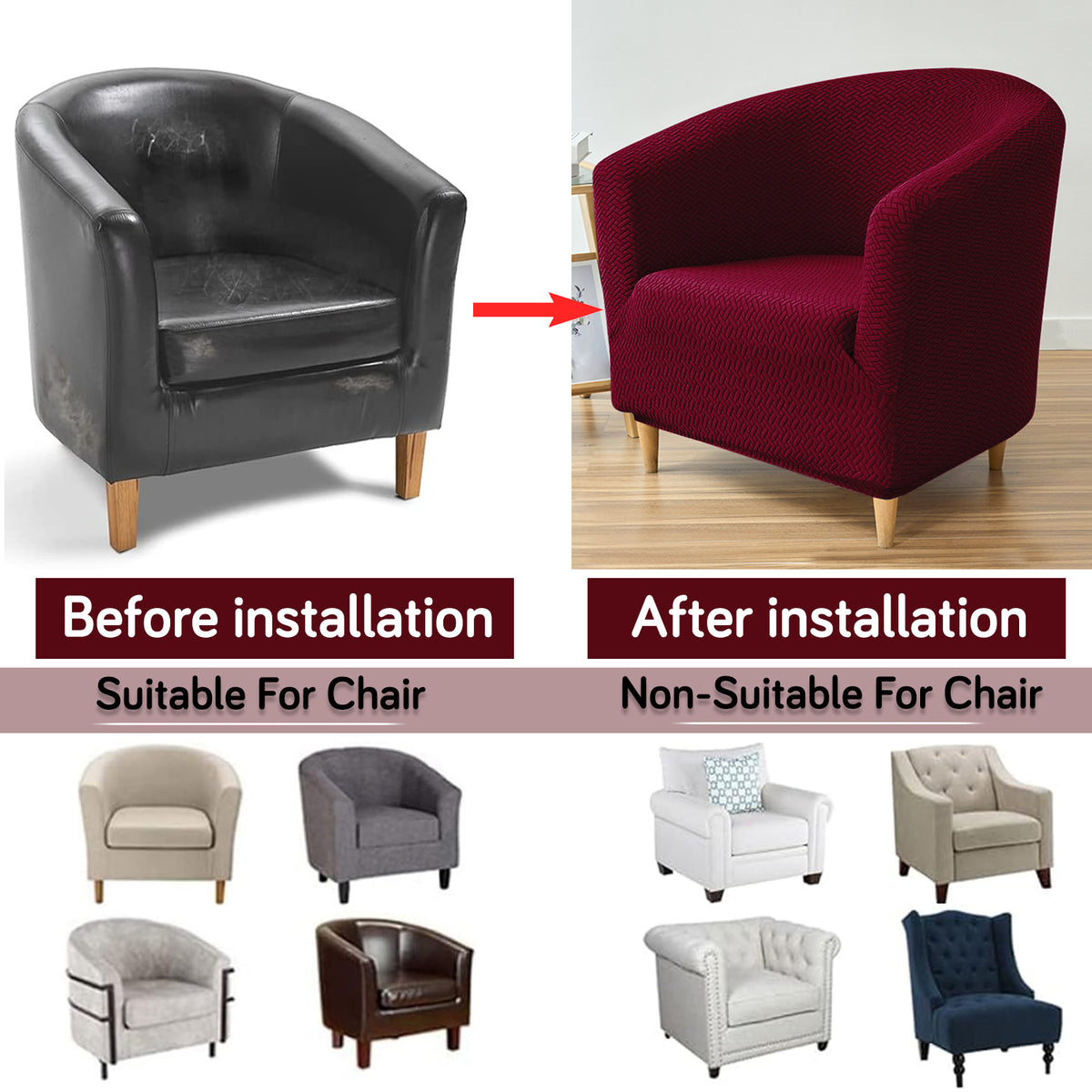 Premium Jacquard Stretchable Tub Chair Cover Slipcover, Burgundy