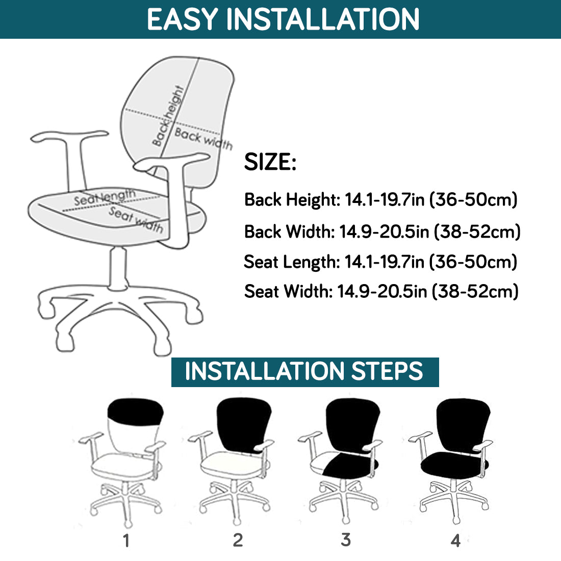 Office Chair Cover for Task Chair – 170 GSM Stretchable Jacquard – Washable & Anti-Slip – Fits Small Office Chairs Without Headrest, Turquoise
