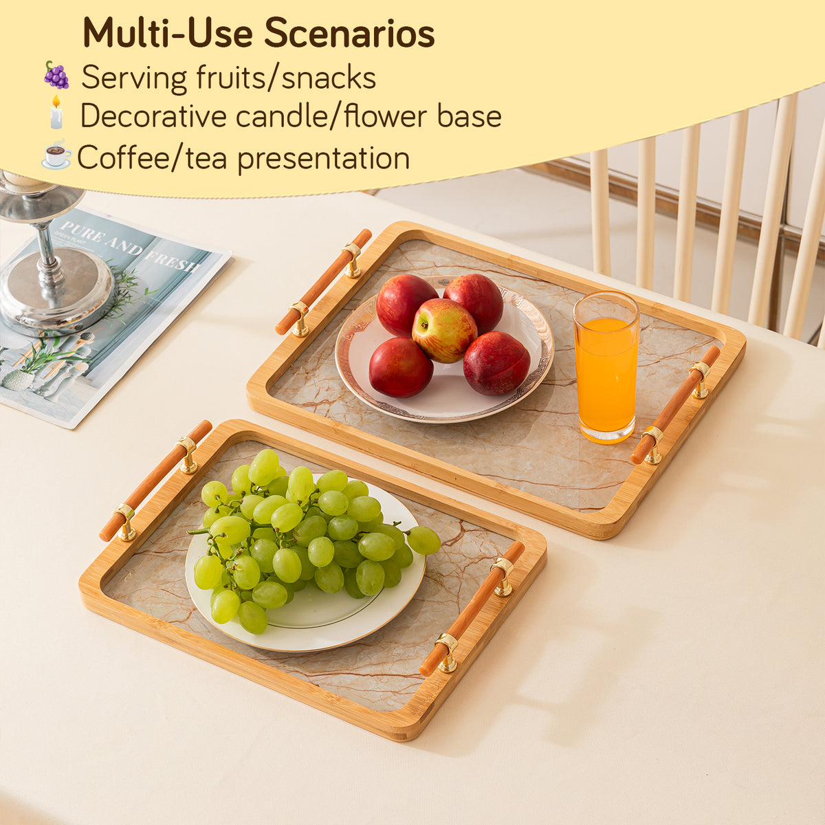 Luxury Bamboo Serving Tray Set with Faux Marble Base with Golden Handles
