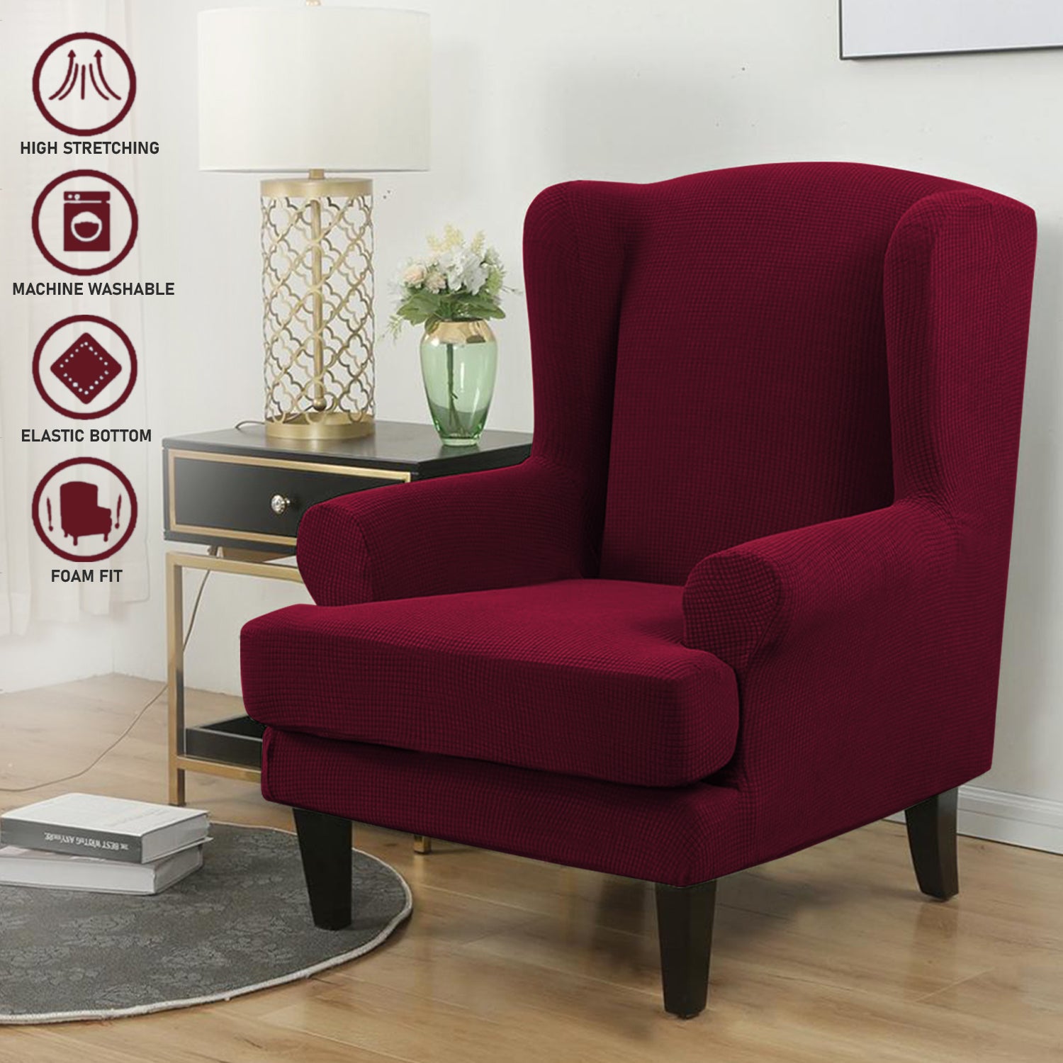 Fully Covered Stretchable Jacquard Wing Chair Cover, Wine
