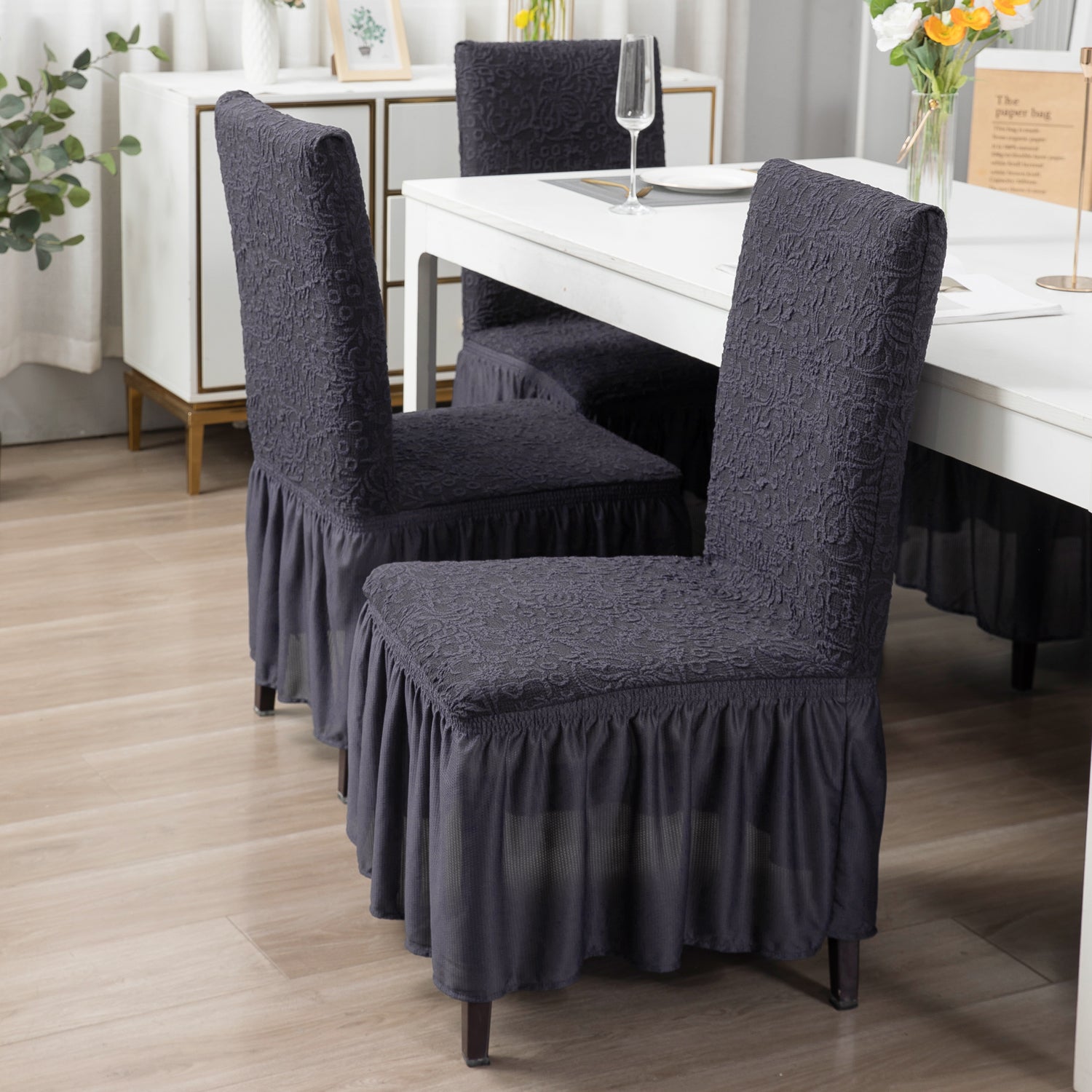 Elastic Stretchable Designer Woven Jacquard Dining Chair Cover with Frill, Abbey Grey