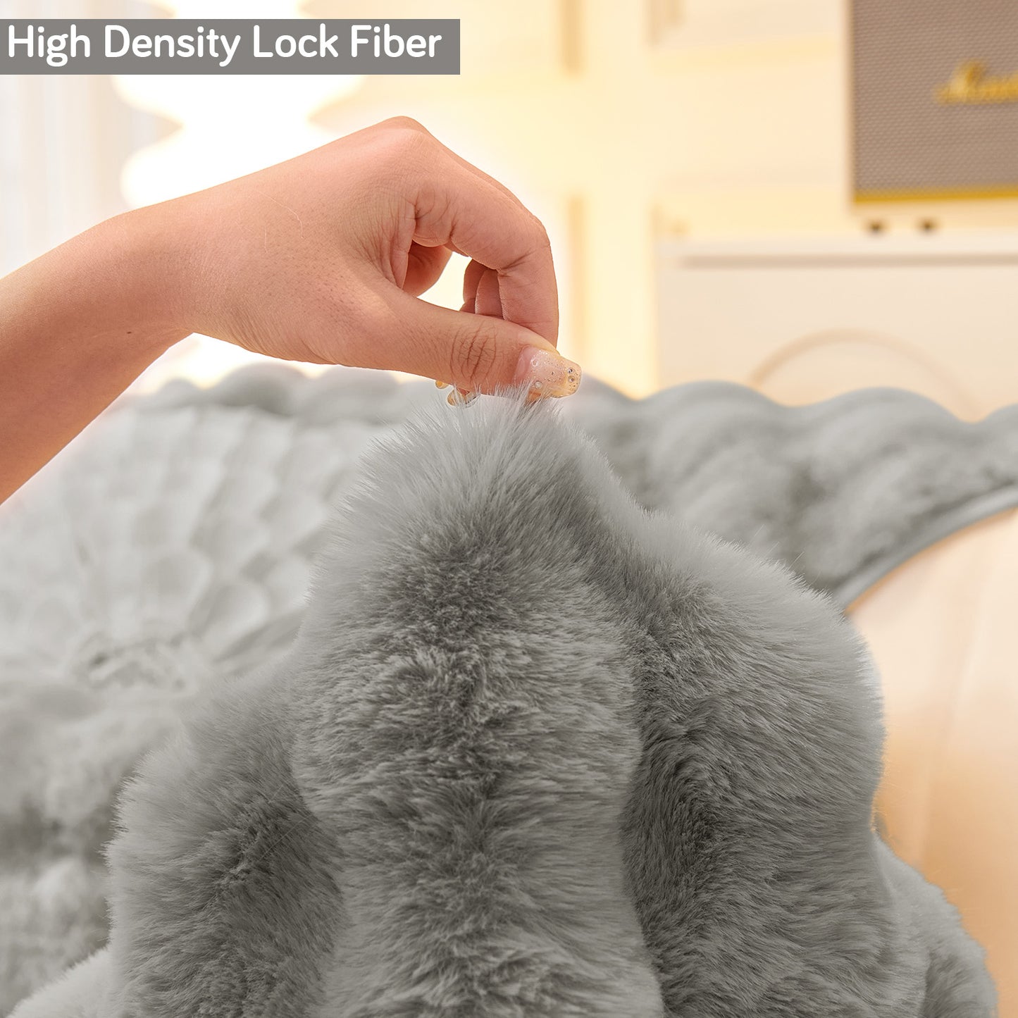 Premium Faux Rabbit Fur Anti Slip Sofa Cover Mat with 2 Armrest Cover, Cool Grey