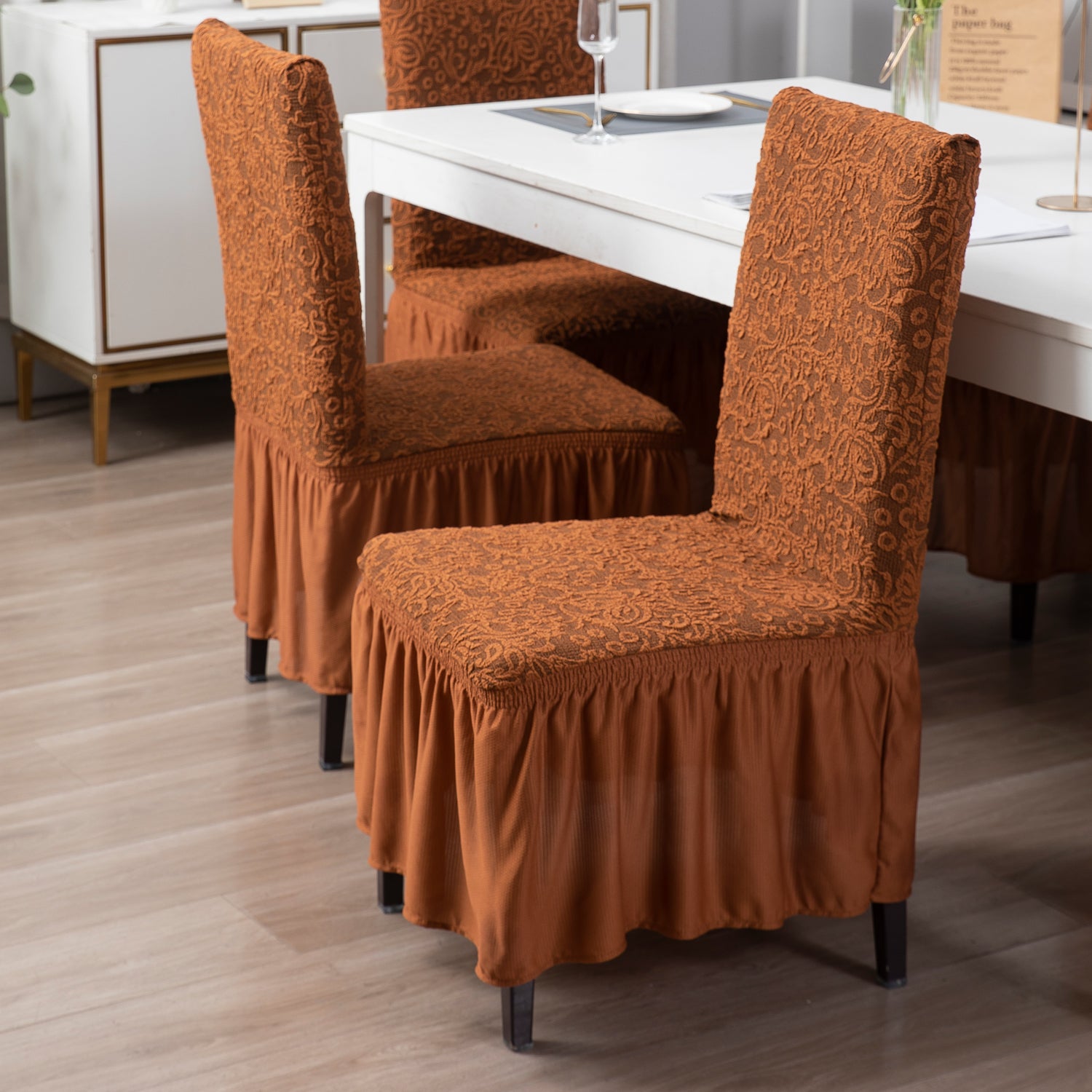 Elastic Stretchable Designer Woven Jacquard Dining Chair Cover with Frill, Caramel Brown