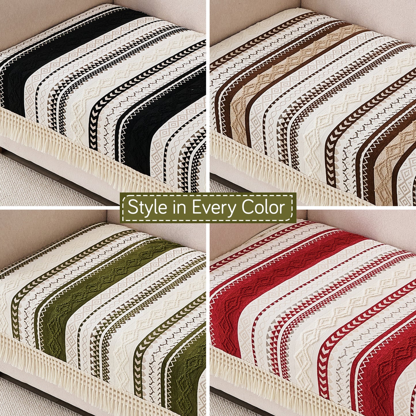 Nordic Boho Geometric Sofa Cover Mat with Tassel, 'Nordic Tassel Series'  Olive Meadow