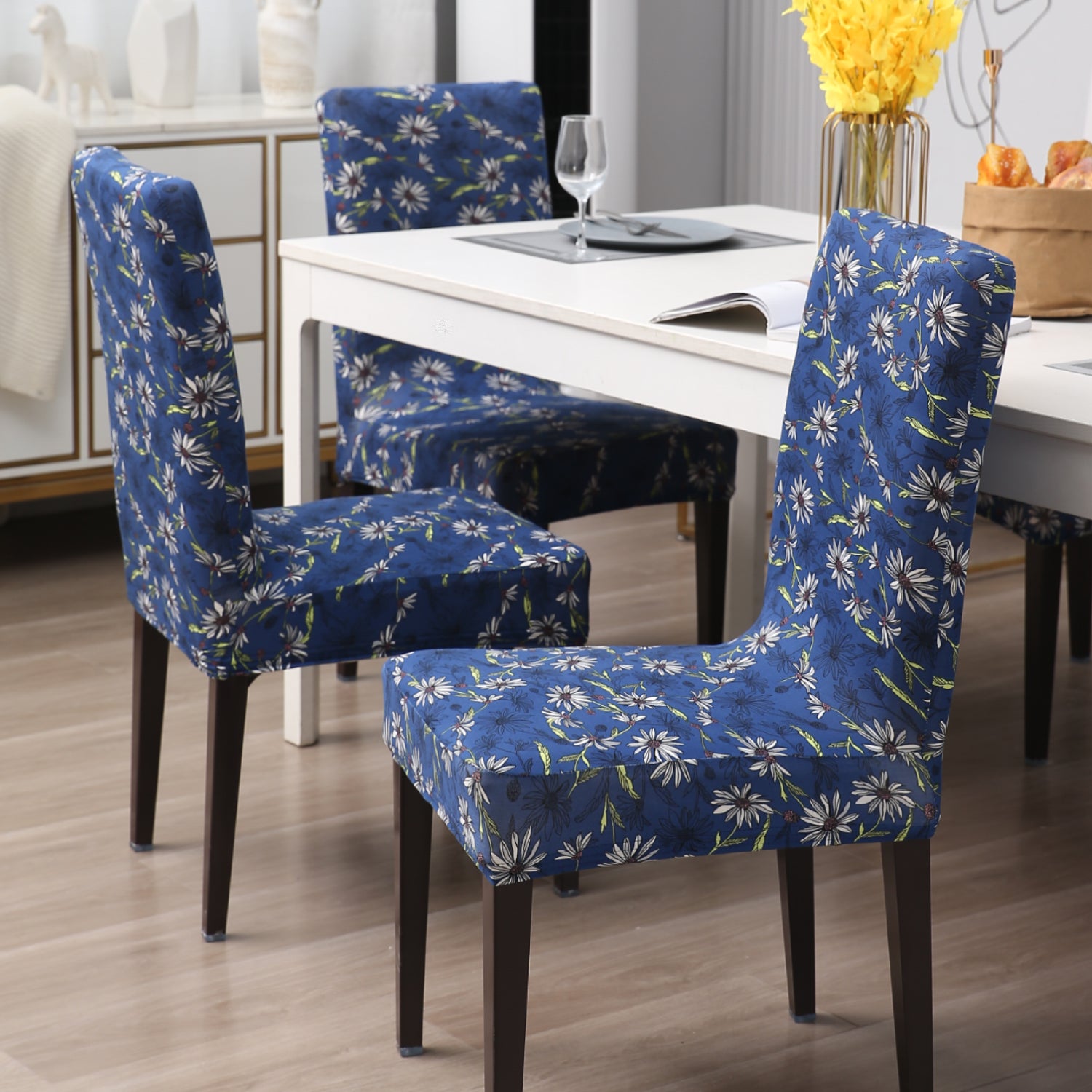 Elastic Stretchable Dining Chair Cover, Royal Blue White Flowers
