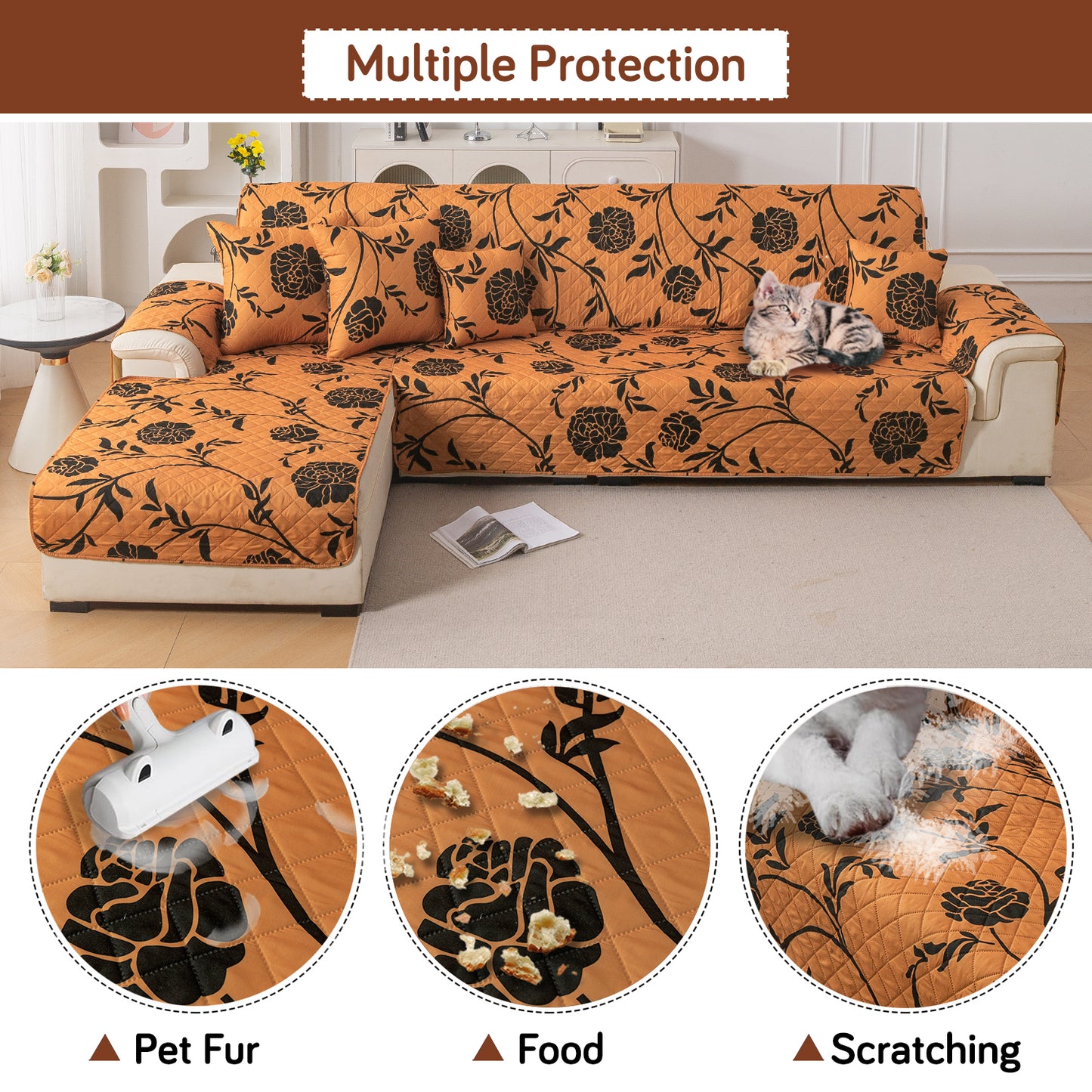 Elira Series Quilted One-Piece L Shape Sofa Cover Mat with Left and Right Chaise, Copper Brown Floral