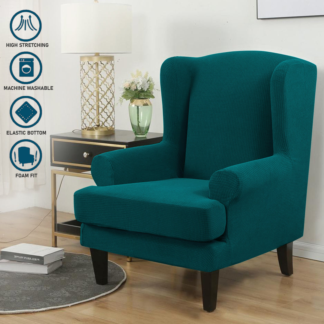 Fully Covered Stretchable Jacquard Wing Chair Cover, Deep Teal