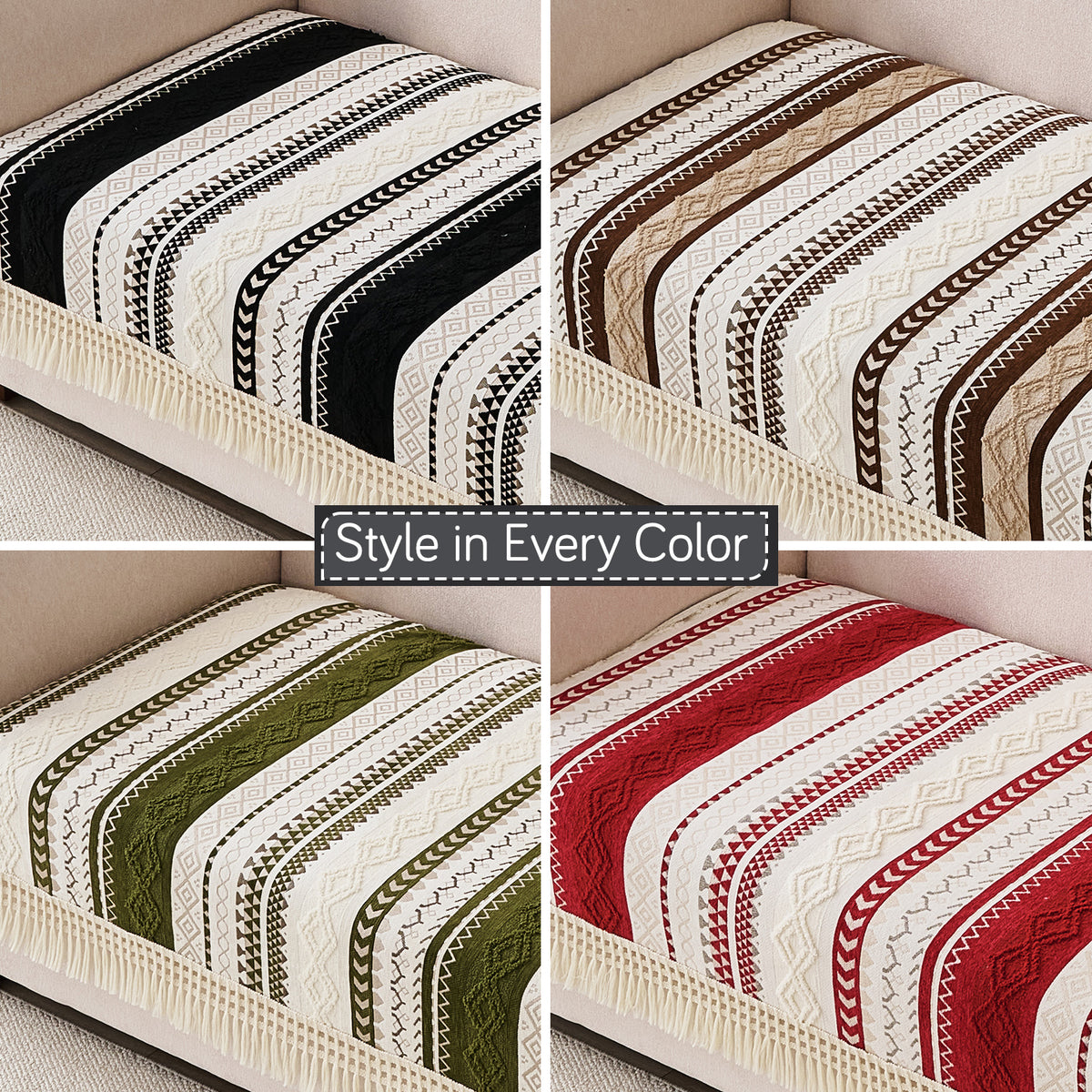 Nordic Boho Geometric Sofa Cover Mat with Tassel, 'Nordic Tassel Series'  Ruby Cream