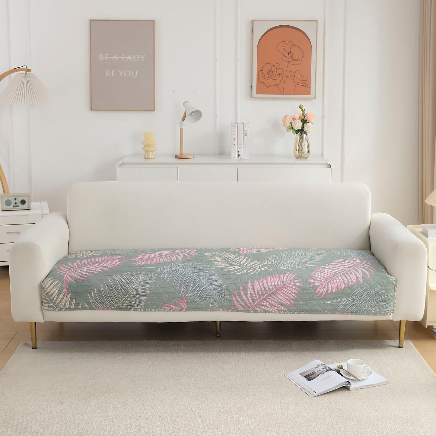 Polyester Printed Quilted Sofa Cover Mats, Tropical Leaves Pastel Green