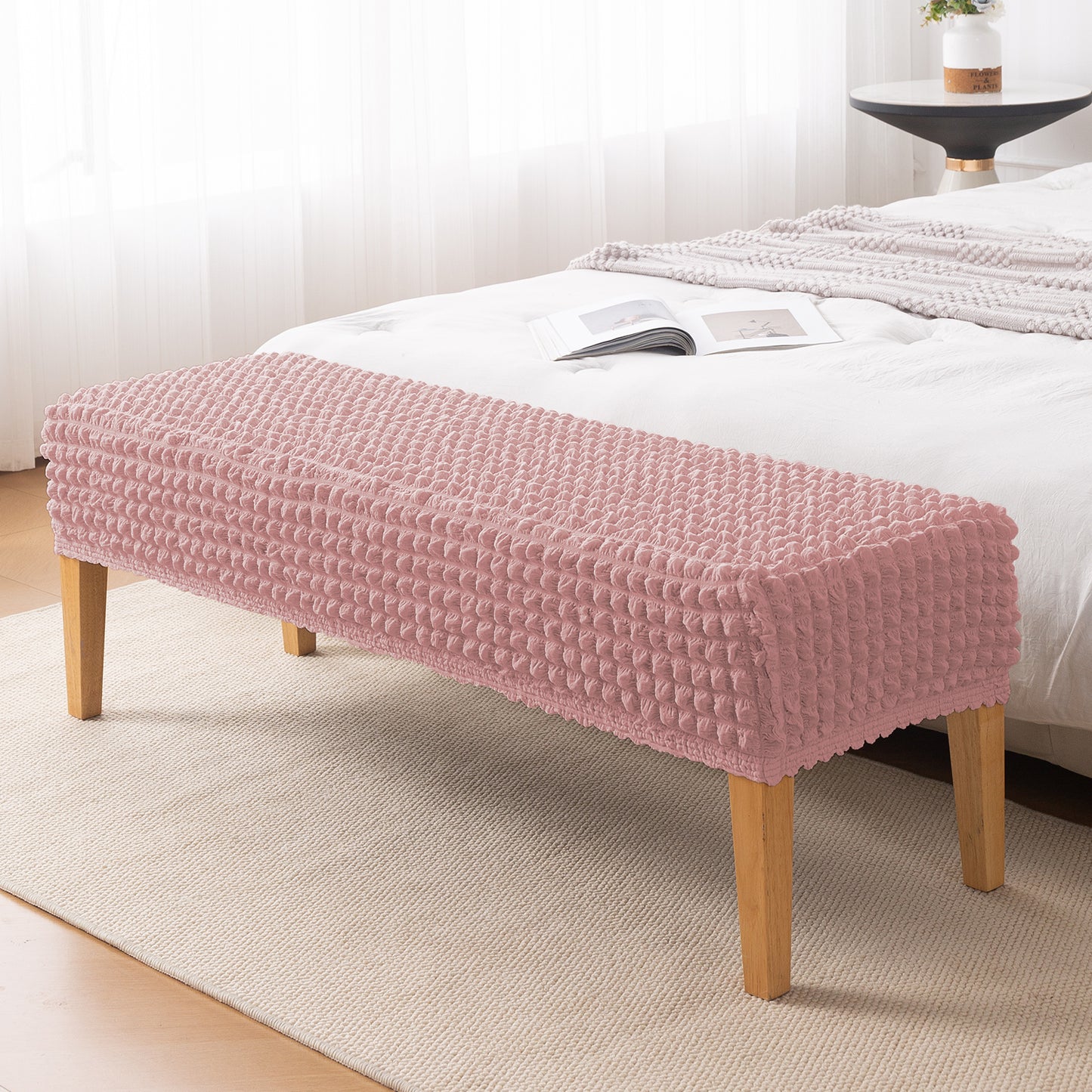 Aria Nova 280 GSM Stretchable Bubble Dining Bench Cover, Tea Rose Pink