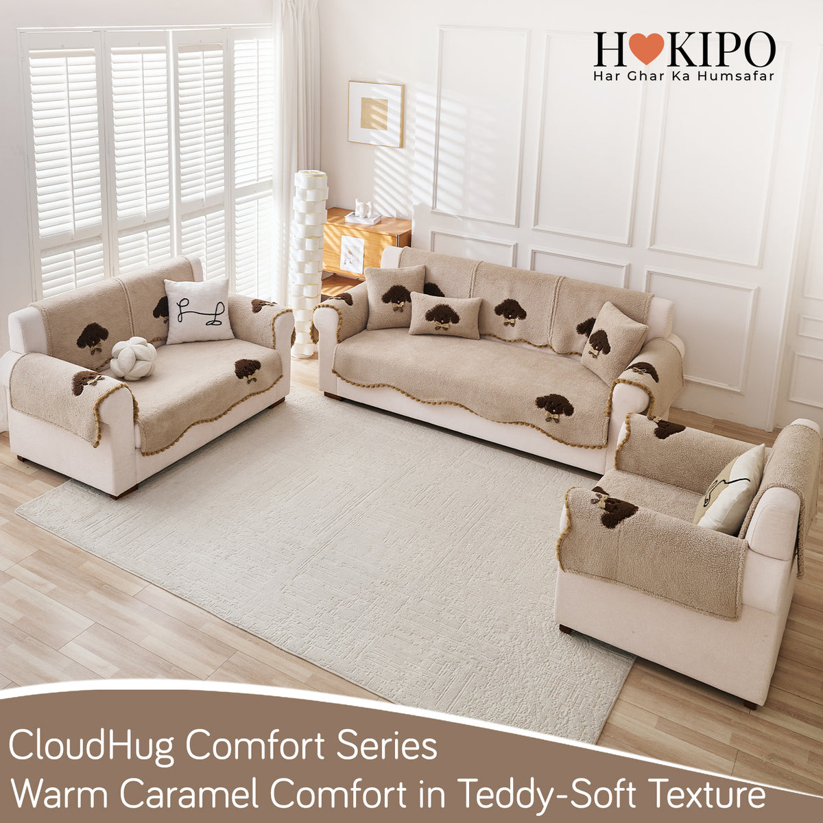 CloudHug Plush Sofa Cover Mat with PomPom and Wavy Edges, Vanilla Latte