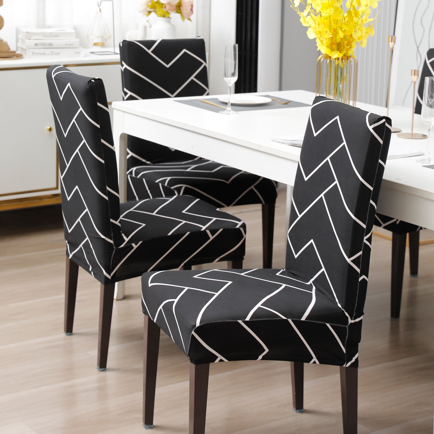 Elastic Stretchable Dining Chair Cover, Black Chevron