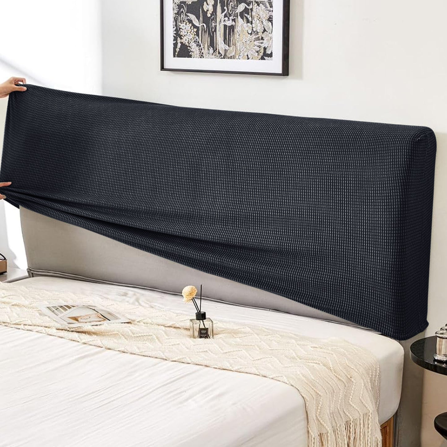 HOKIPO Jacquard Stretchable Bed Headboard Cover, Black