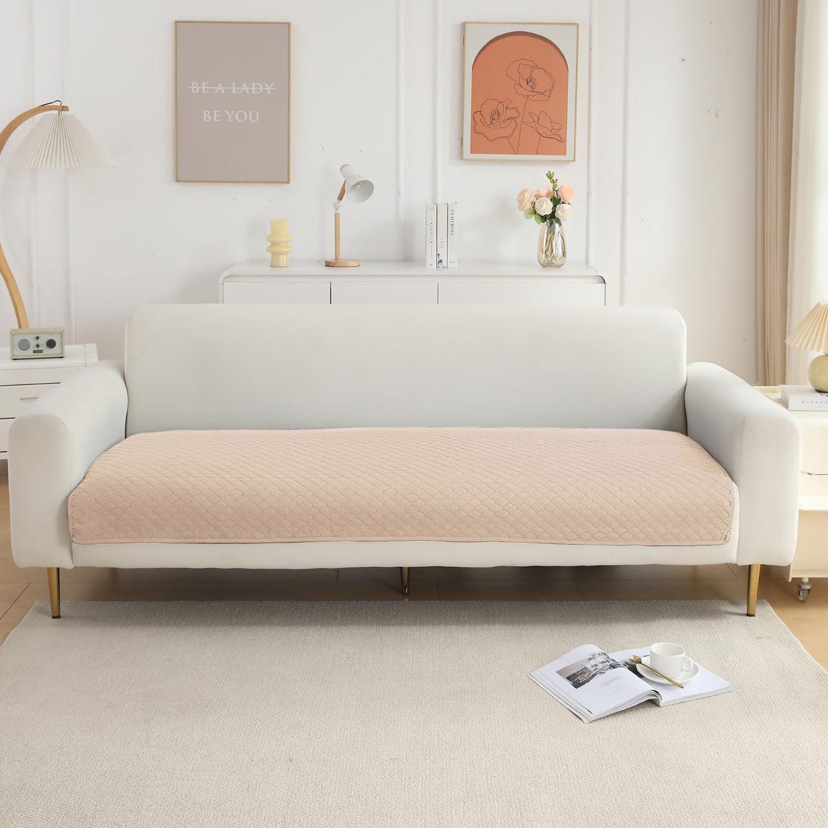 Polyester Quilted Sofa Cover Mats, Beige