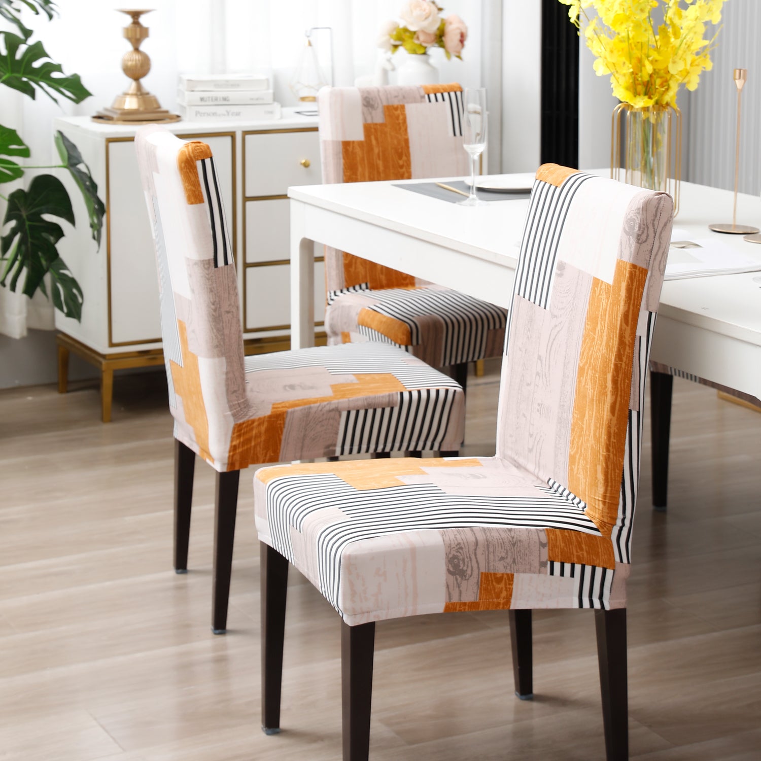 Elastic Stretchable Dining Chair Cover, Ivory Linear lines