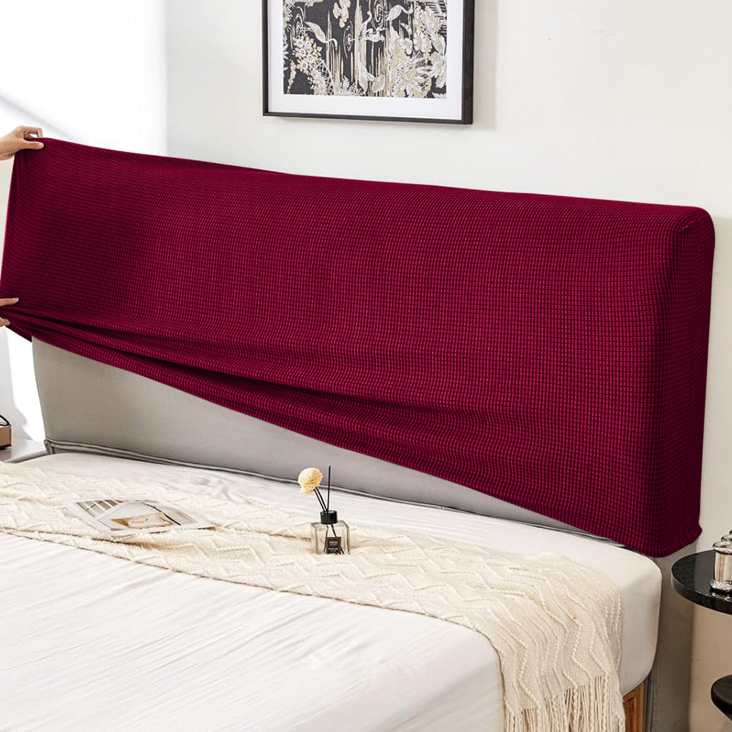 HOKIPO Jacquard Stretchable Bed Headboard Cover, Maroon
