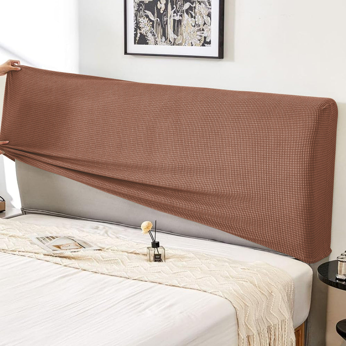 HOKIPO Jacquard Stretchable Bed Headboard Cover, Brown