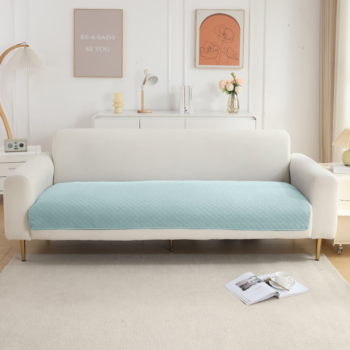 Quilted Sofa Cover Mat for 1/2/3 Seater Sofa, Light Sky Blue