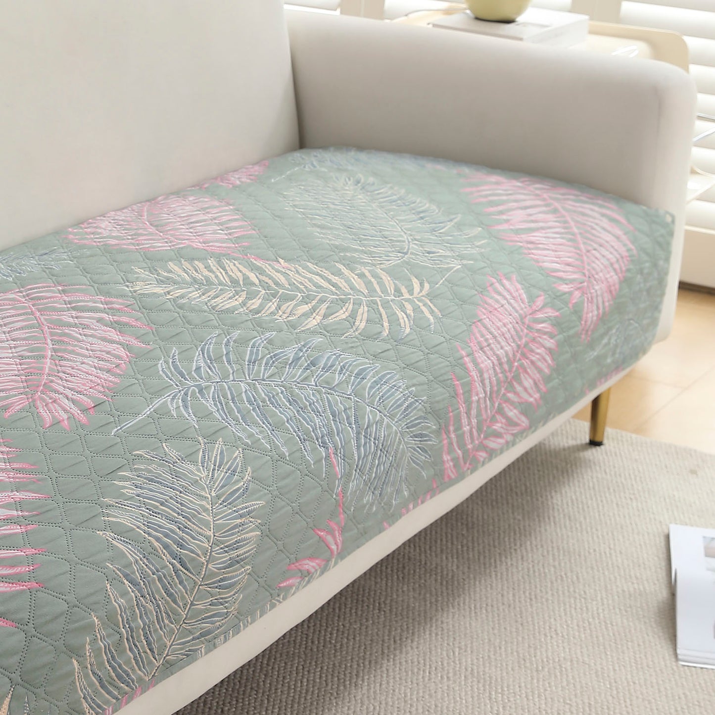 Polyester Printed Quilted Sofa Cover Mats, Tropical Leaves Pastel Green
