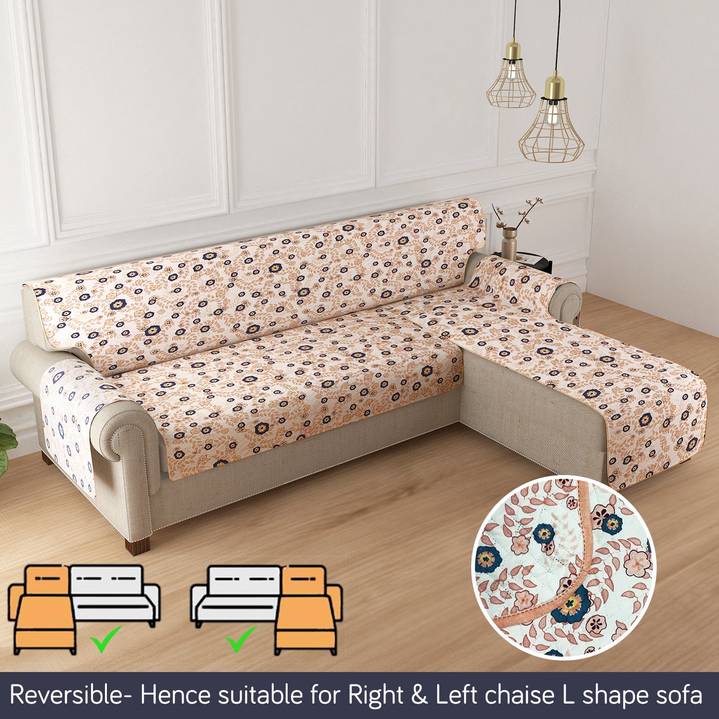 HomeHues Series Quilted Sofa Cover with Secure Fit Belt for L Shape sofa, Light Peach Candytuft