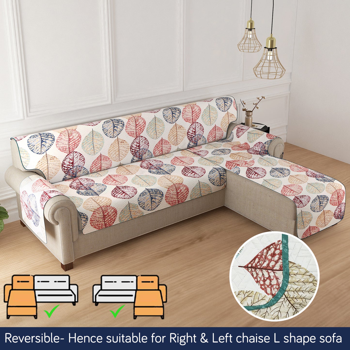 HomeHues Series Quilted Sofa Cover with Secure Fit Belt for L Shape sofa, Multicolor Linden Leaf