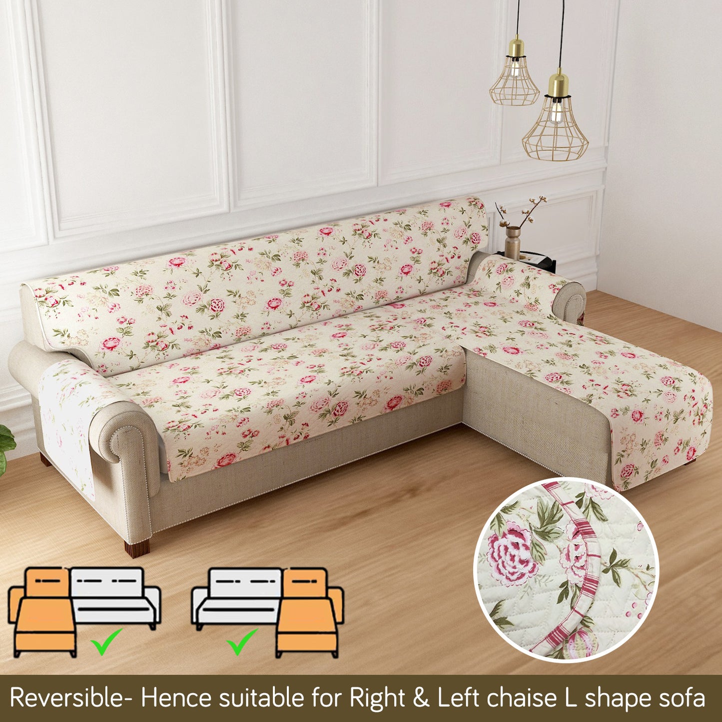 HomeHues Series Quilted Sofa Cover with Secure Fit Belt for L Shape sofa, Beige Peonies