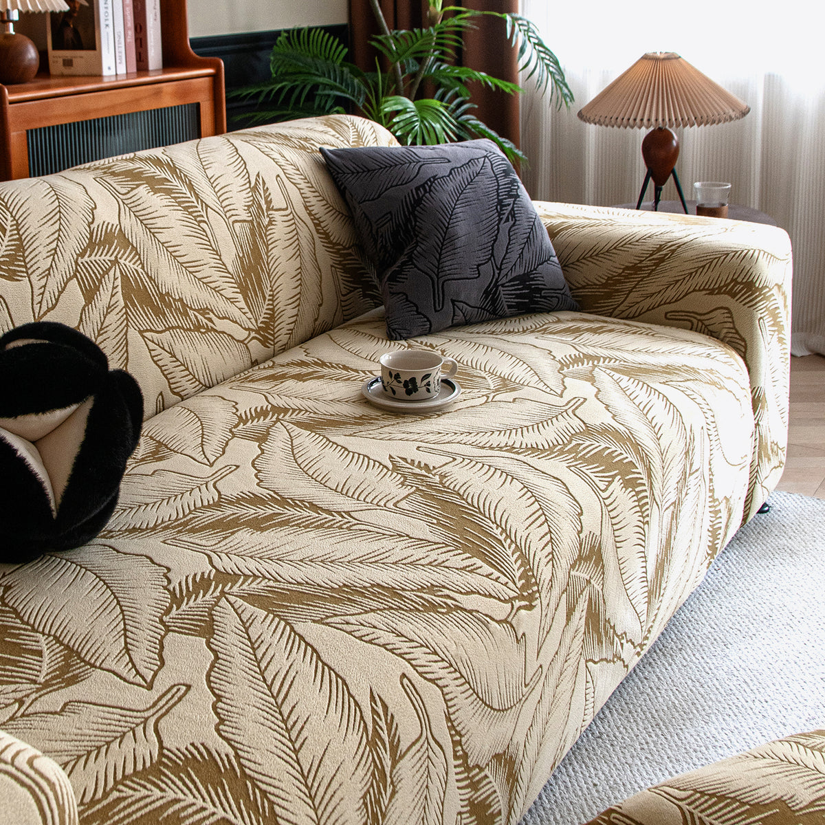 Dual Tone Knitting Jacquard Sofa Cover 1/2/3 Seater Fully Covered - Beige